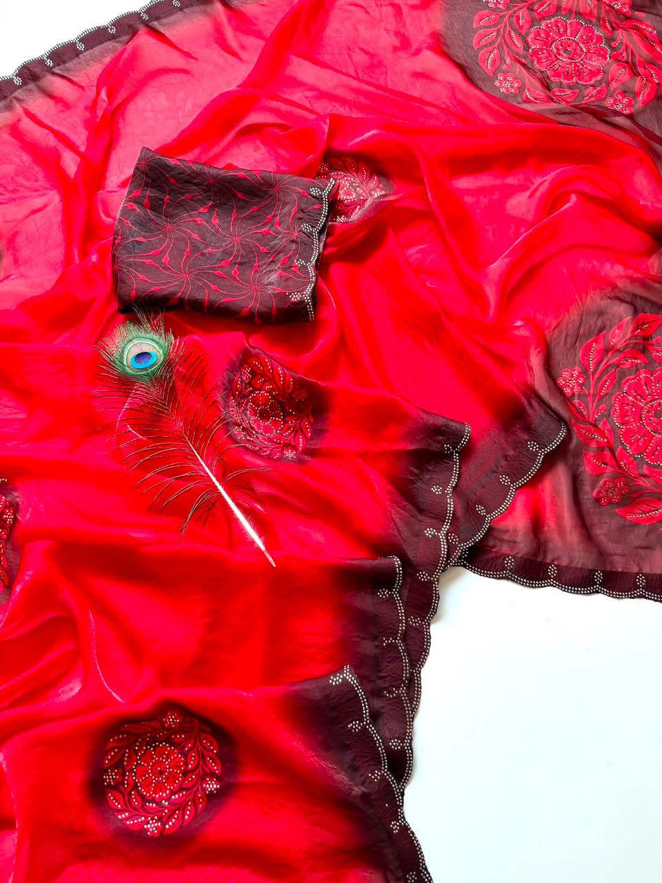 Soft Fandy Satin Saree with Floral Digital Print & Siroshi Cutwork Border