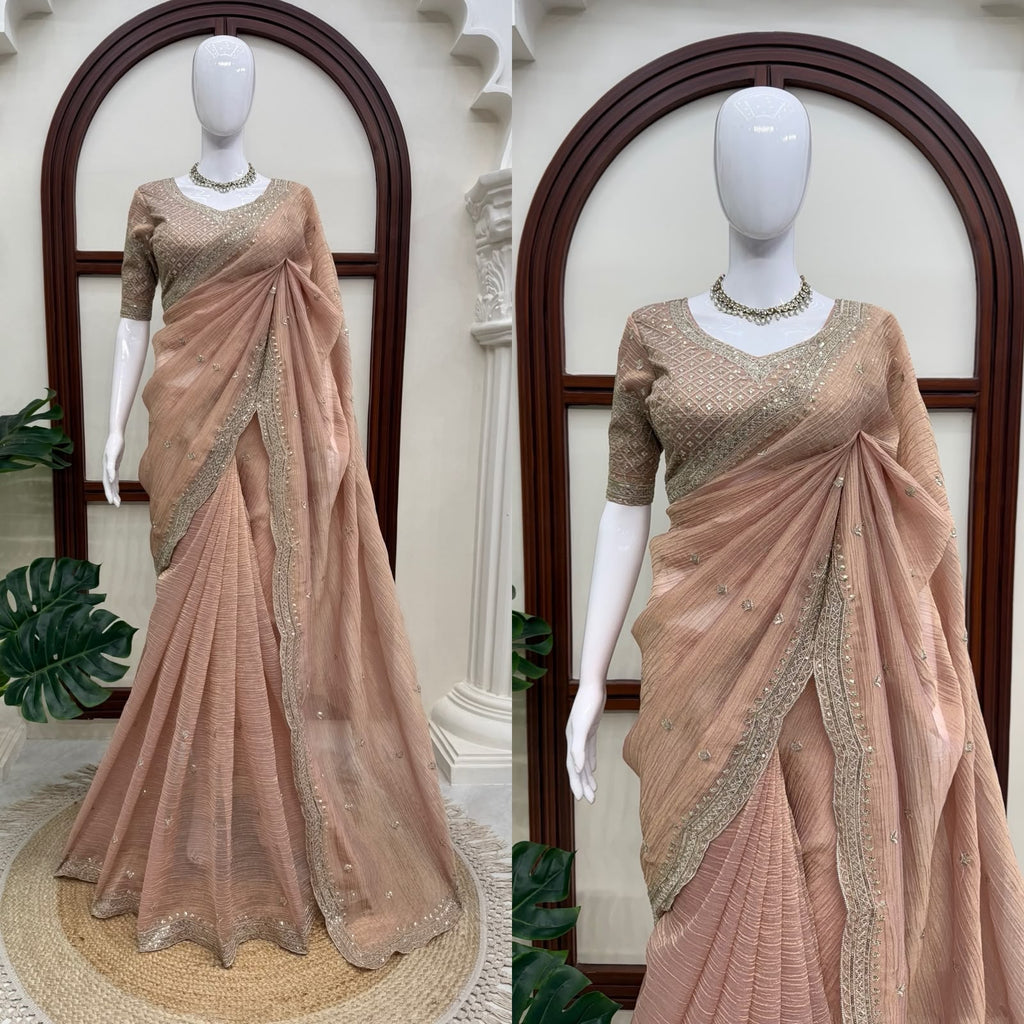 Women’s Designer Tissue Salsa Crush Saree with Heavy Embroidered Sequence Blouse