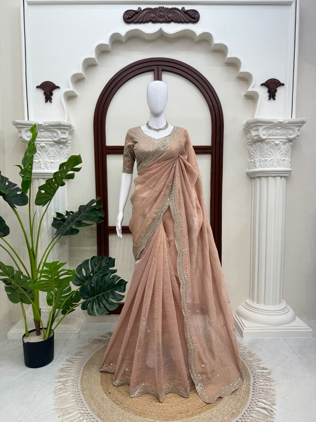 Women’s Designer Tissue Salsa Crush Saree with Heavy Embroidered Sequence Blouse