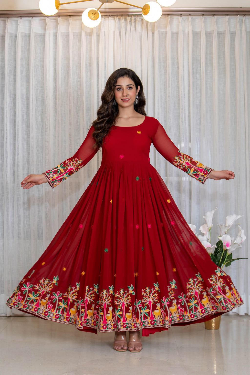 Embroidered Pure Fox Georgette Gown, Pant & Dupatta Set