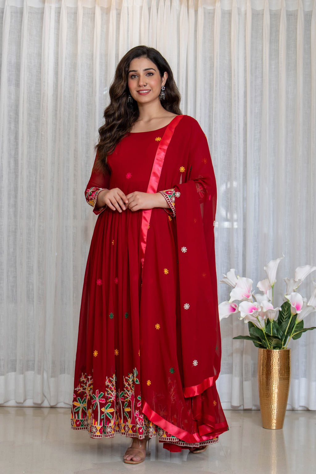 Embroidered Pure Fox Georgette Gown, Pant & Dupatta Set