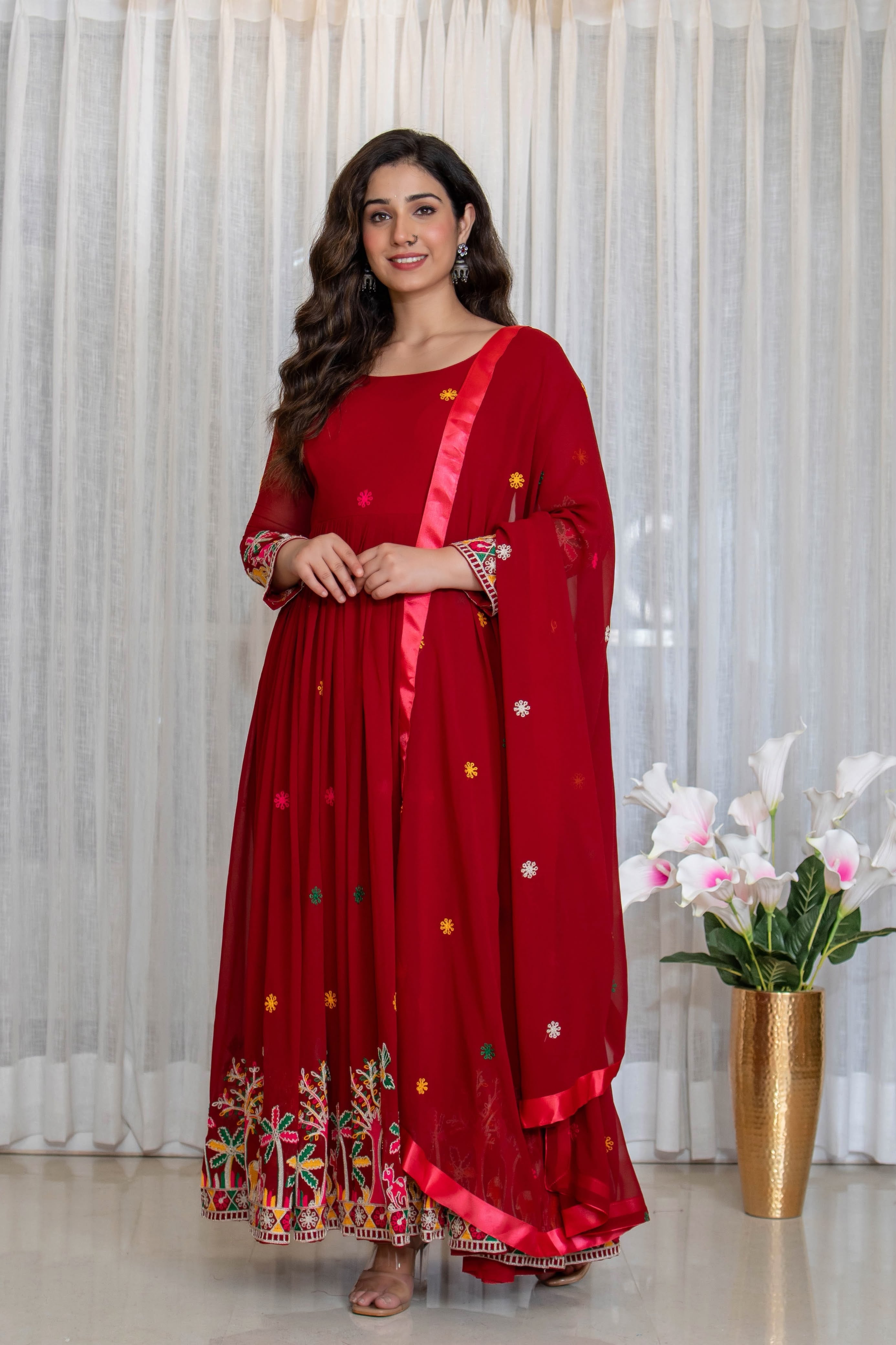 Embroidered Pure Fox Georgette Gown, Pant & Dupatta Set