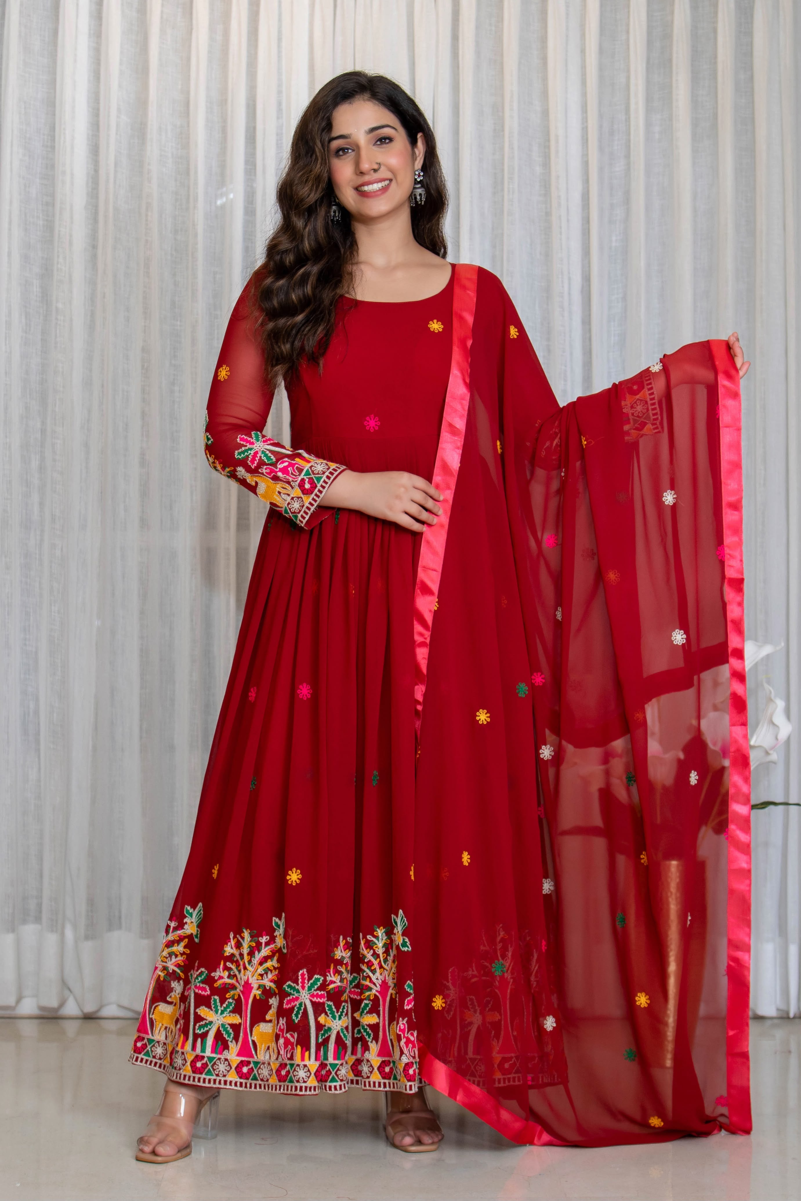 Embroidered Pure Fox Georgette Gown, Pant & Dupatta Set