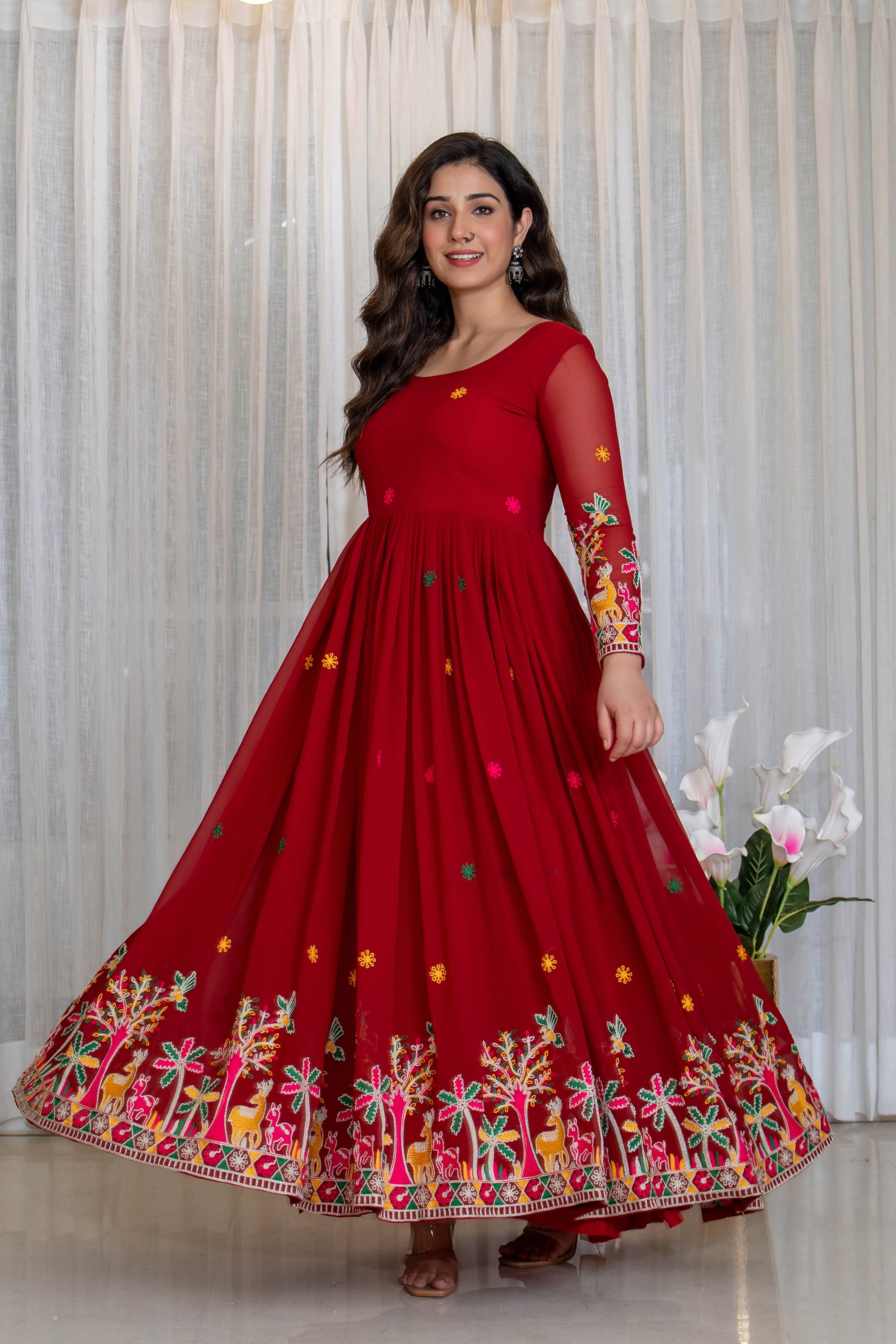 Embroidered Pure Fox Georgette Gown, Pant & Dupatta Set