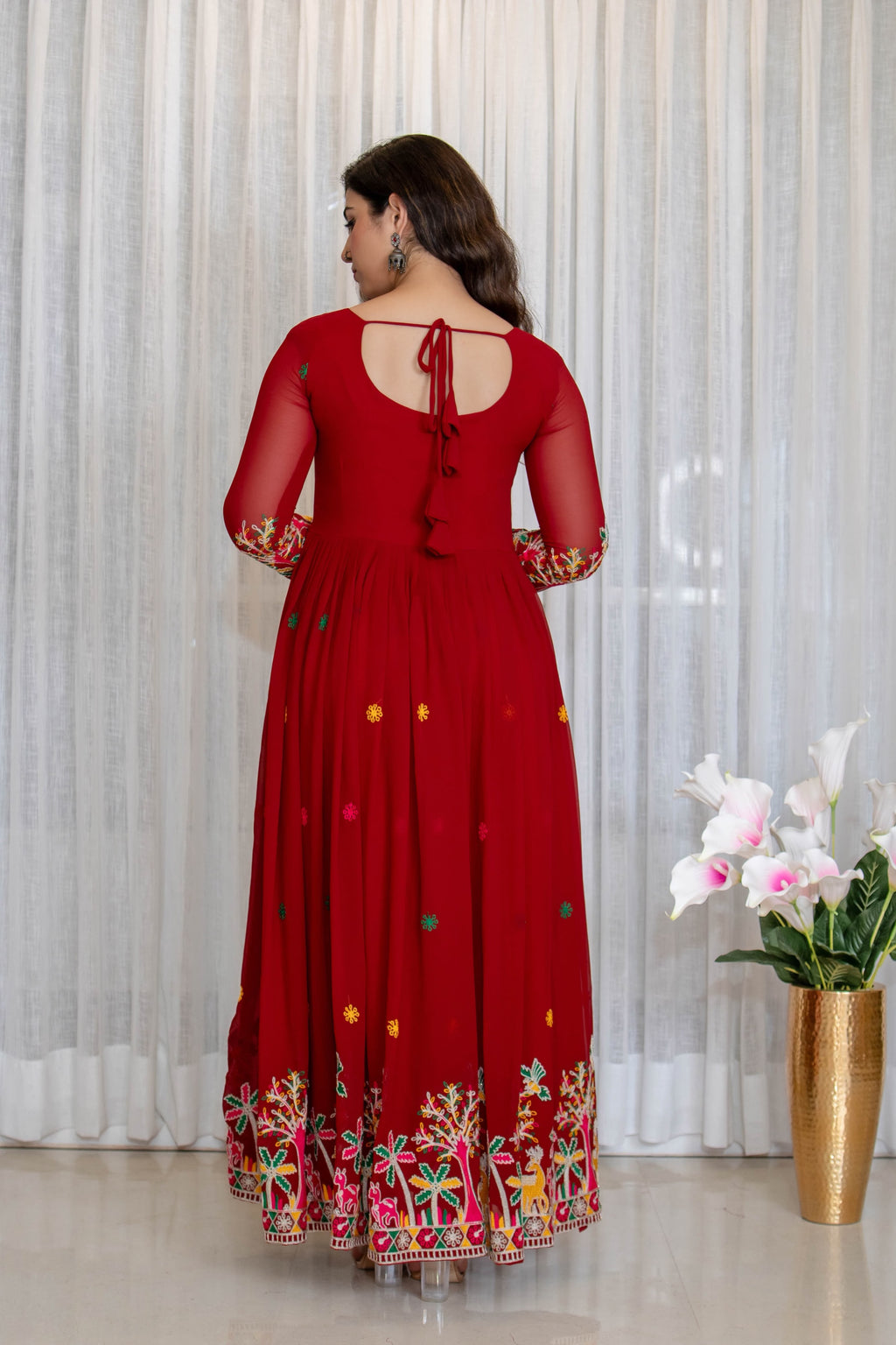 Embroidered Pure Fox Georgette Gown, Pant & Dupatta Set