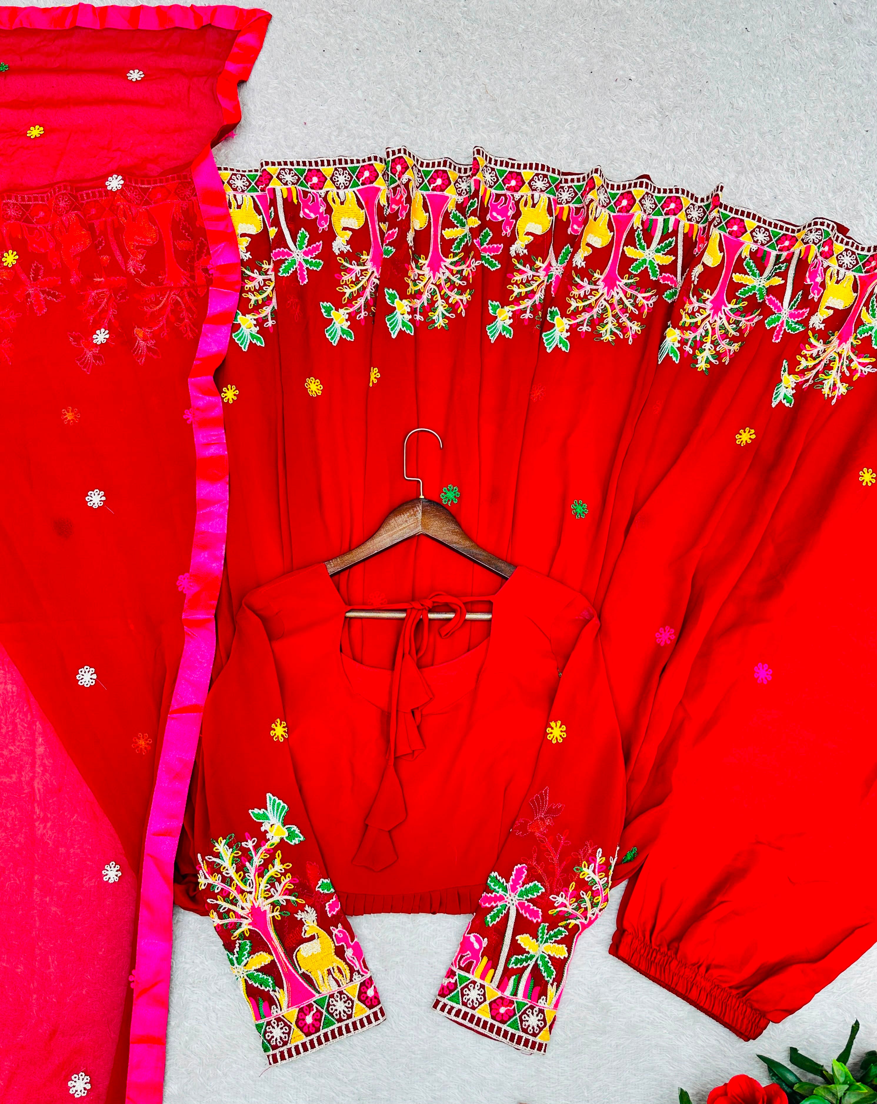 Embroidered Pure Fox Georgette Gown, Pant & Dupatta Set
