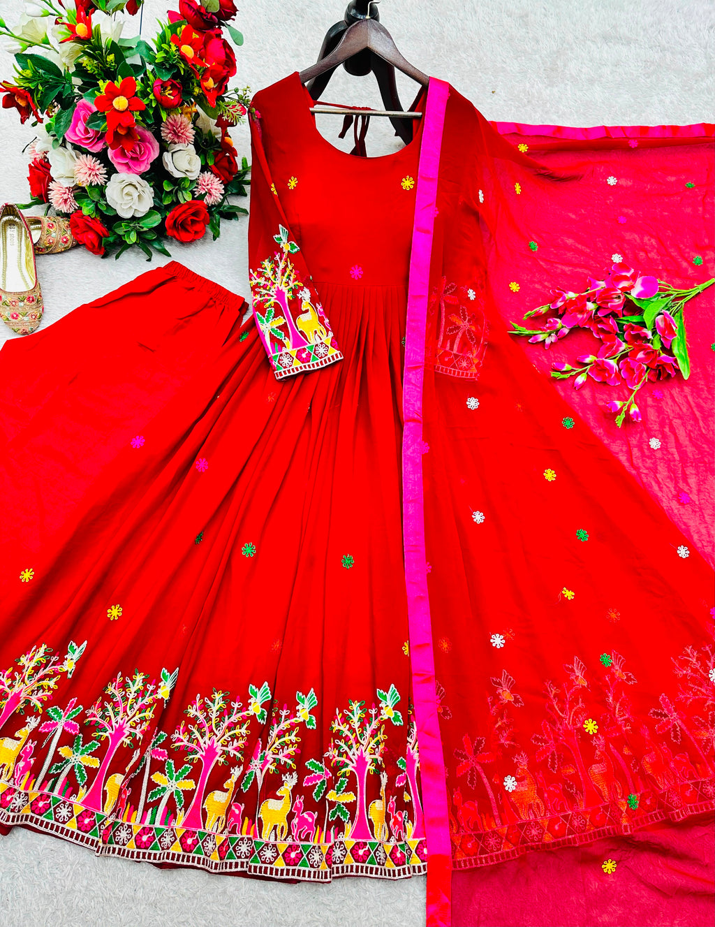 Embroidered Pure Fox Georgette Gown, Pant & Dupatta Set
