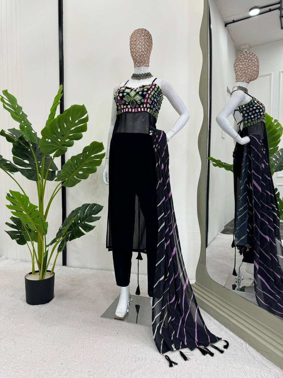 Real Mirror Work Faux Georgette Kurti Set with Digitally Printed Dupatta