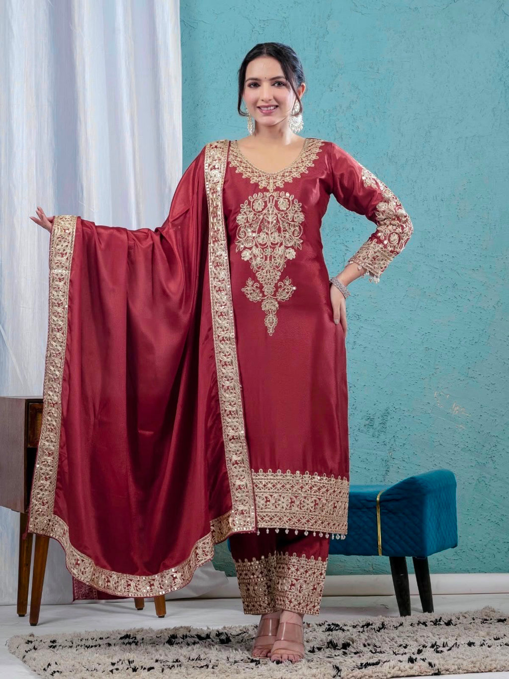 Heavy Sequence Coding Embroidered Pure Chinon Silk Suit Set with Pant & Dupatta