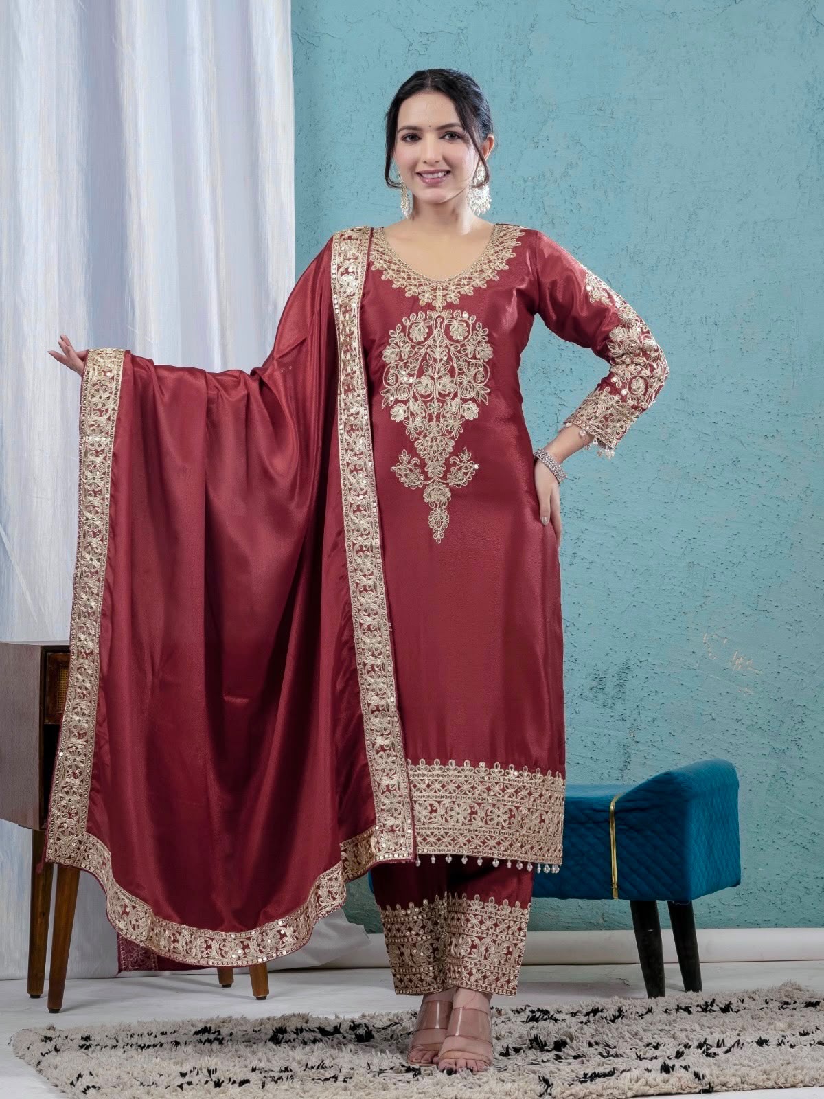 Heavy Sequence Coding Embroidered Pure Chinon Silk Suit Set with Pant & Dupatta