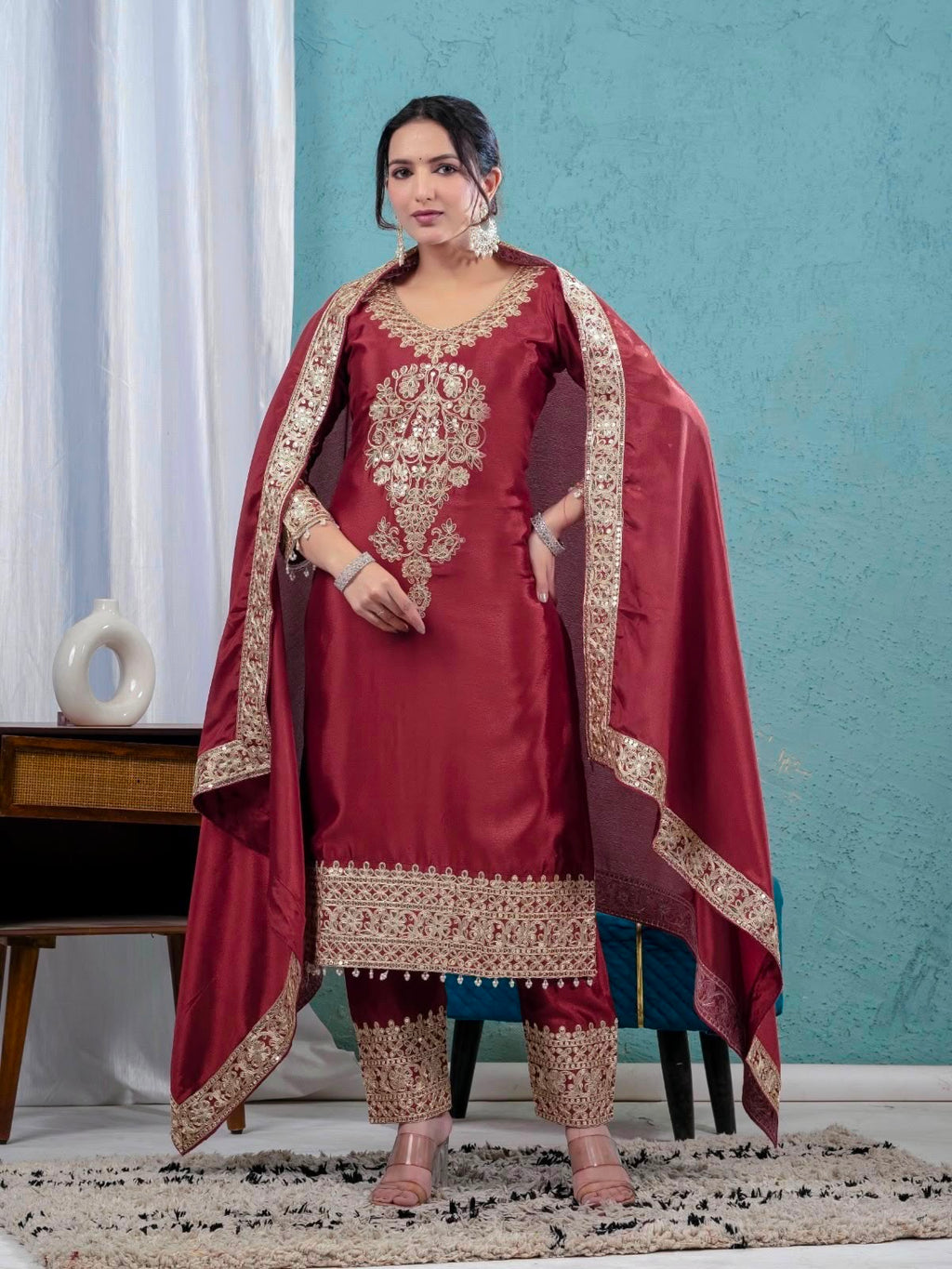 Heavy Sequence Coding Embroidered Pure Chinon Silk Suit Set with Pant & Dupatta