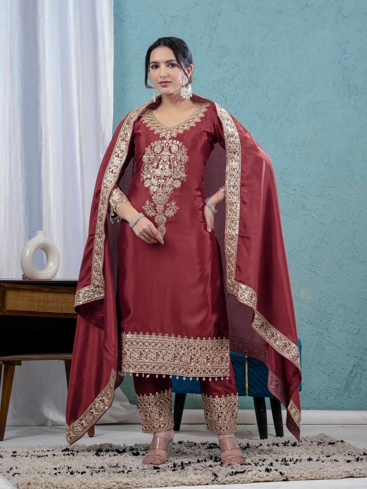 Heavy Sequence Coding Embroidered Pure Chinon Silk Suit Set with Pant & Dupatta