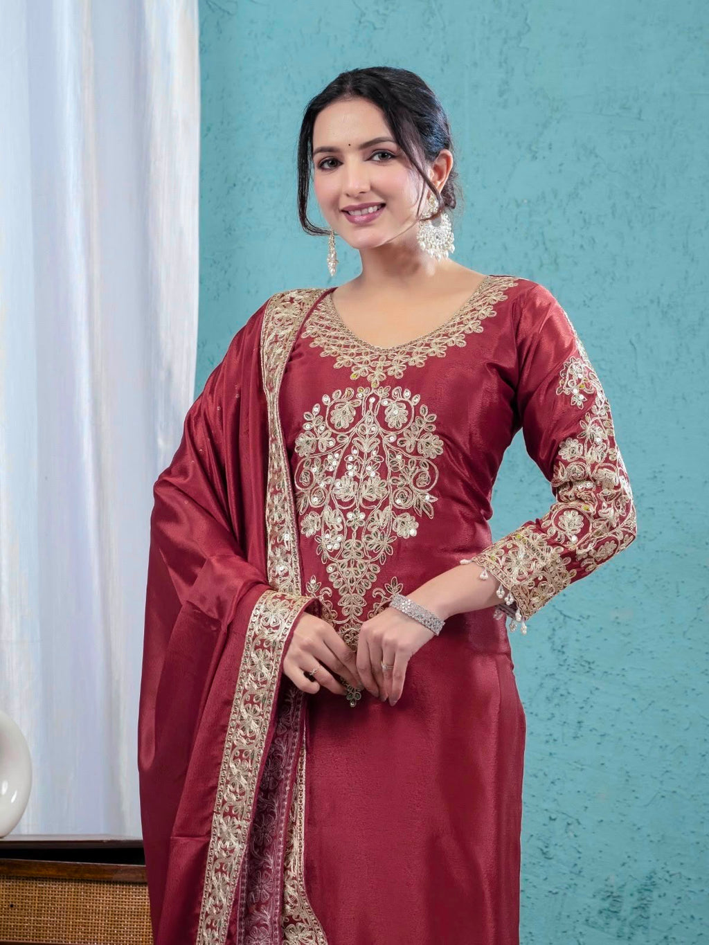 Heavy Sequence Coding Embroidered Pure Chinon Silk Suit Set with Pant & Dupatta