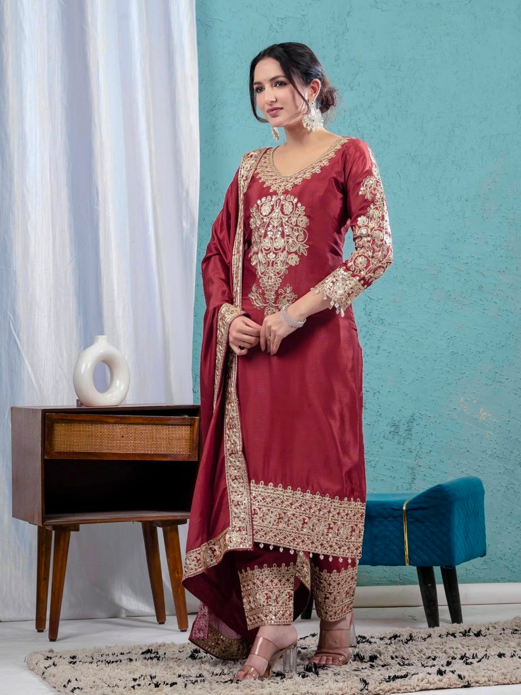 Heavy Sequence Coding Embroidered Pure Chinon Silk Suit Set with Pant & Dupatta