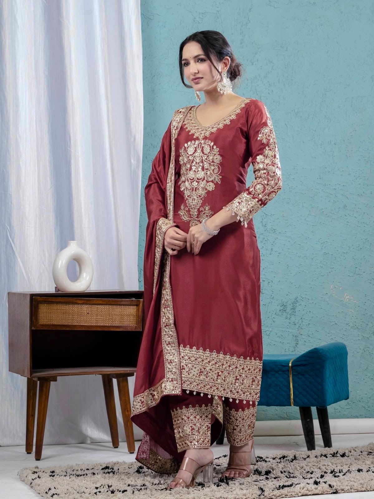 Heavy Sequence Coding Embroidered Pure Chinon Silk Suit Set with Pant & Dupatta