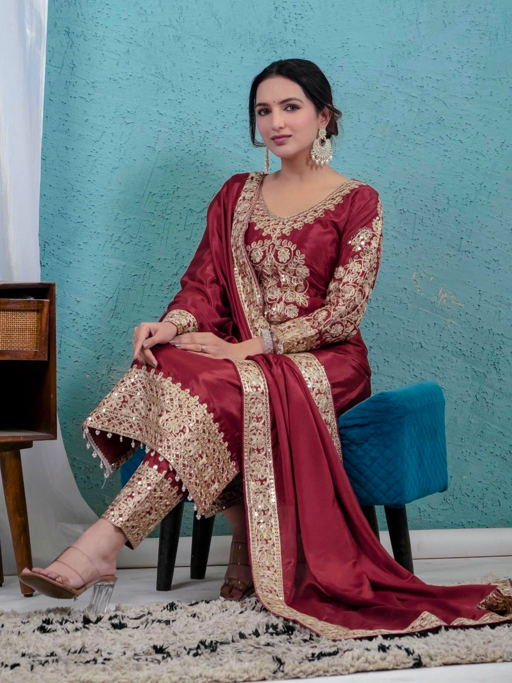 Heavy Sequence Coding Embroidered Pure Chinon Silk Suit Set with Pant & Dupatta