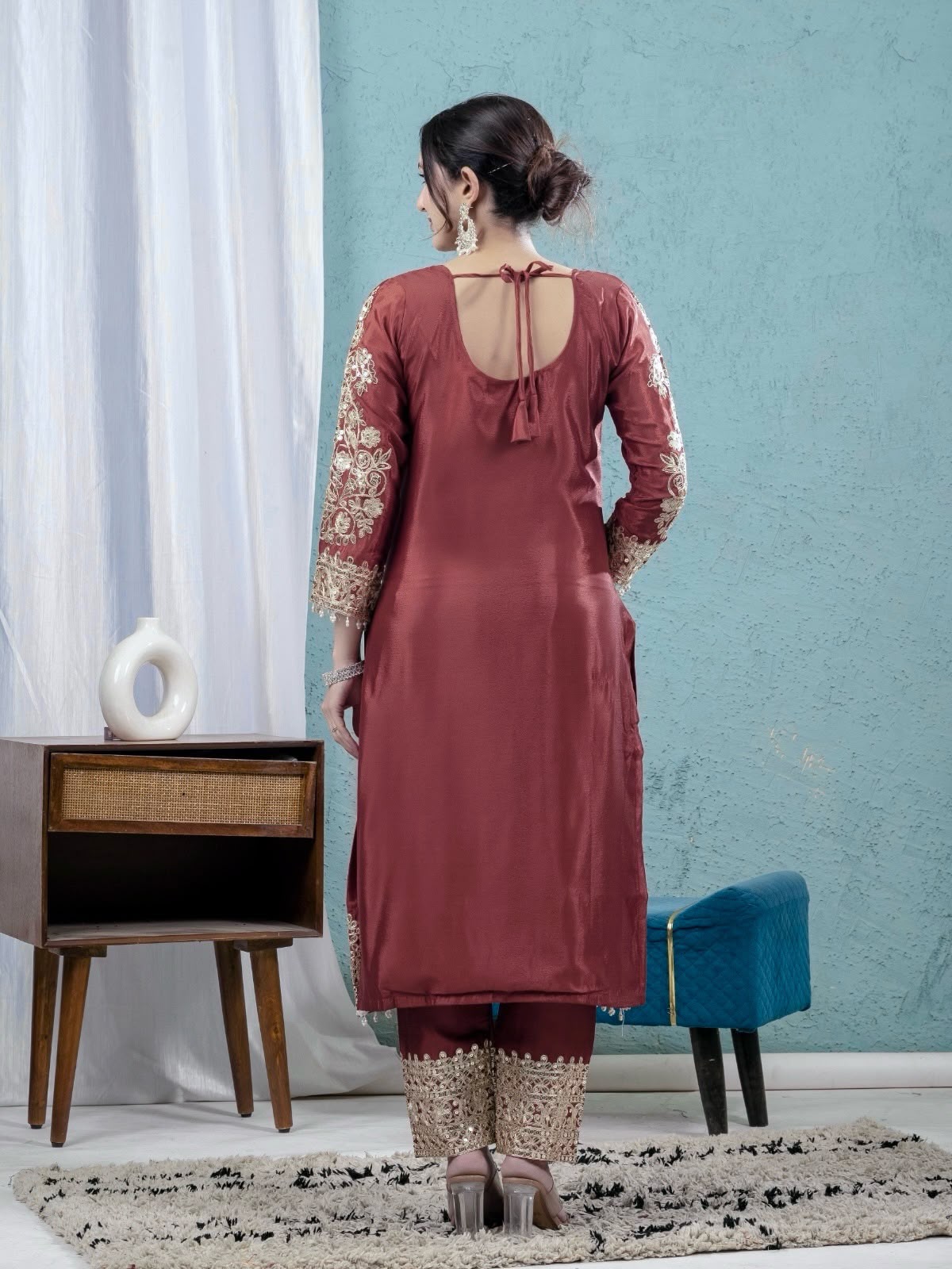 Heavy Sequence Coding Embroidered Pure Chinon Silk Suit Set with Pant & Dupatta