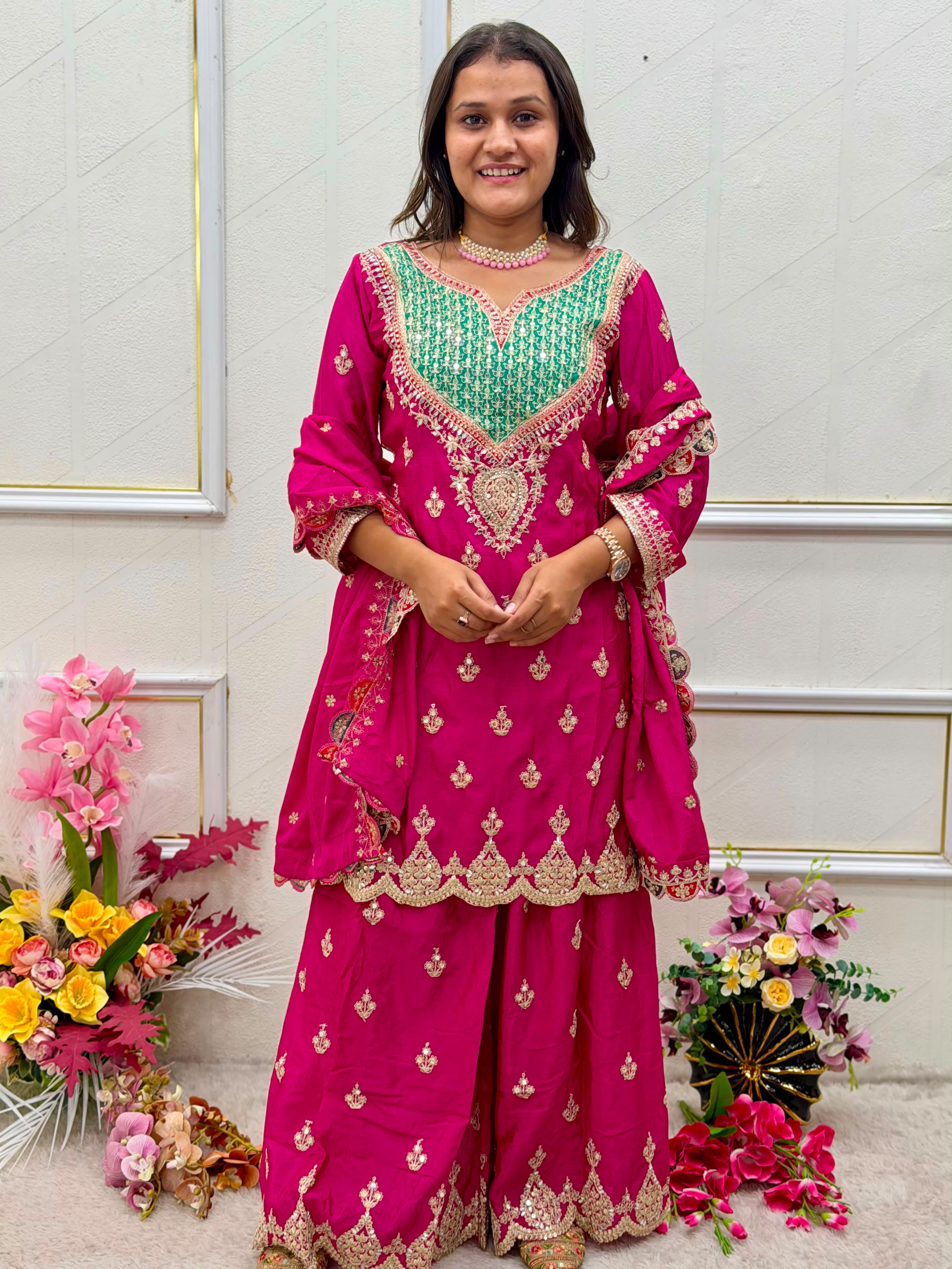 3-Piece Handwork & Sequence Embroidered Chinon Silk Sharara Set