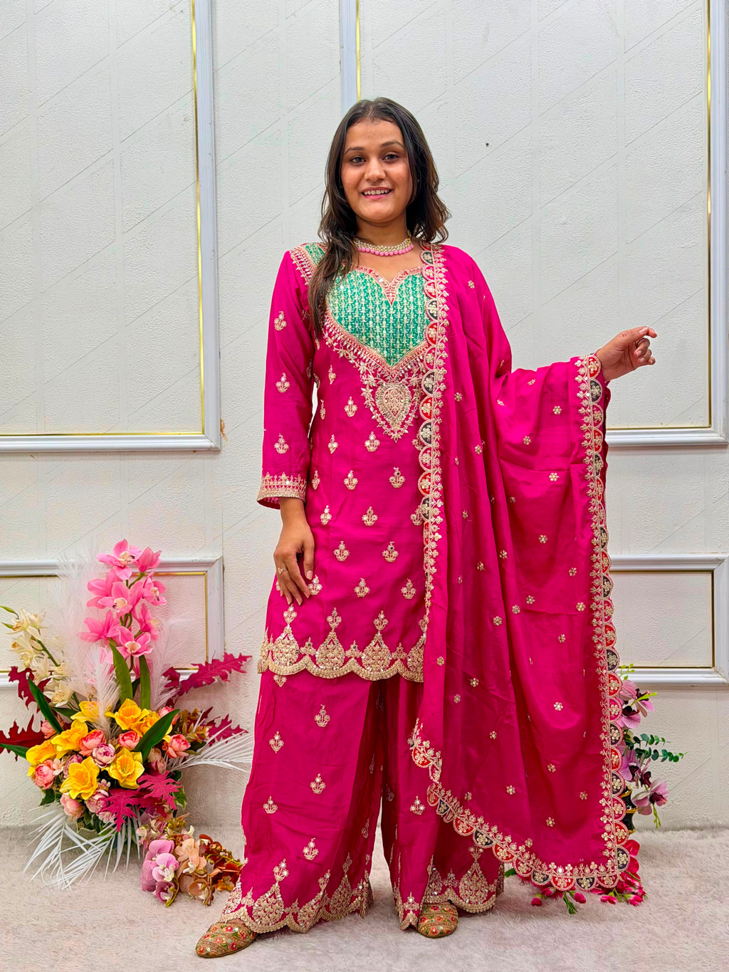 3-Piece Handwork & Sequence Embroidered Chinon Silk Sharara Set