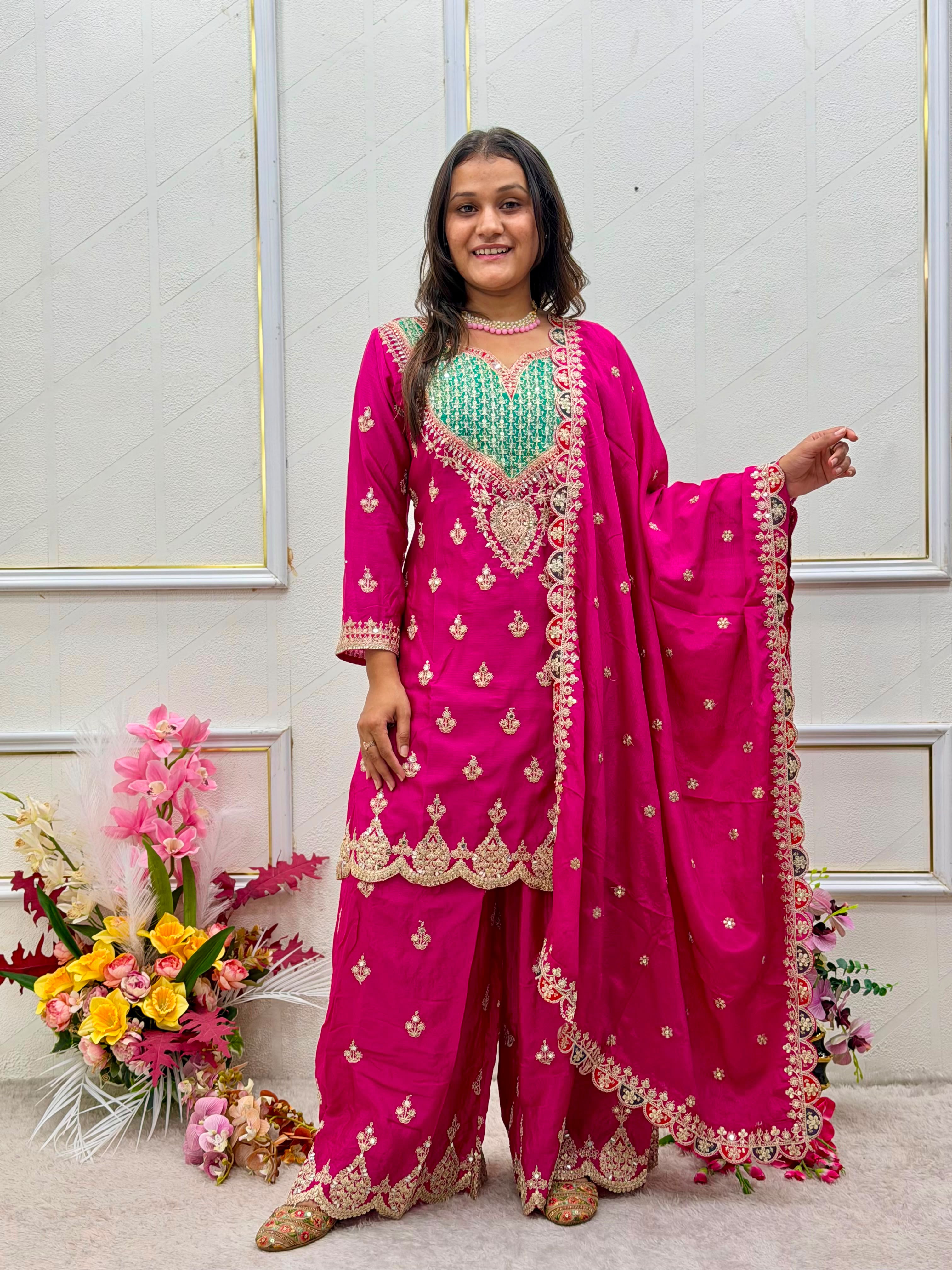 3-Piece Handwork & Sequence Embroidered Chinon Silk Sharara Set