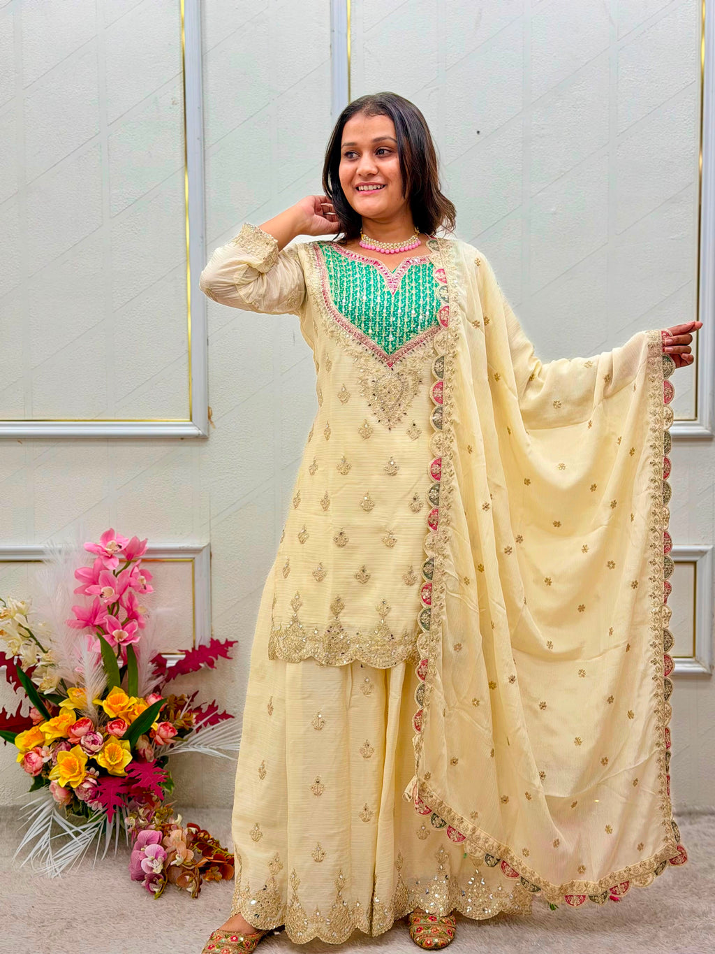 3-Piece Handwork & Sequence Embroidered Chinon Silk Sharara Set