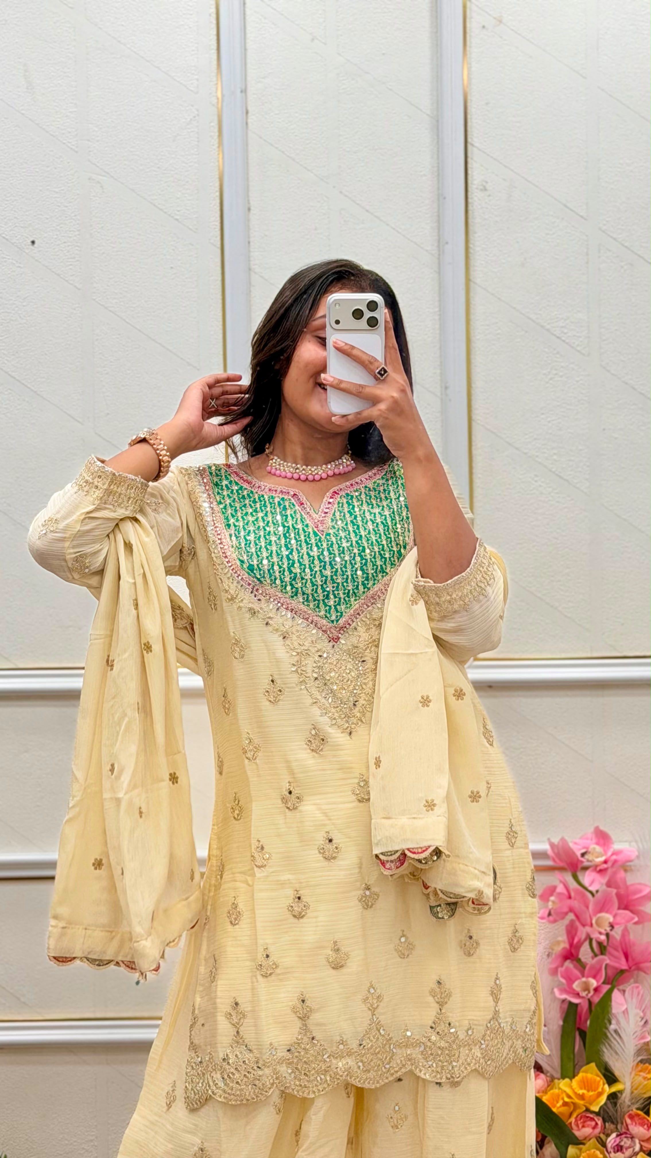 3-Piece Handwork & Sequence Embroidered Chinon Silk Sharara Set