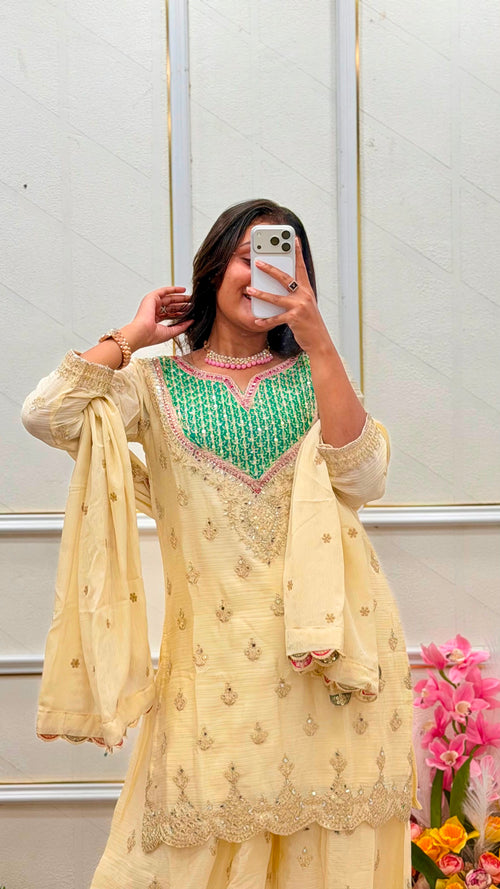 3-Piece Handwork & Sequence Embroidered Chinon Silk Sharara Set