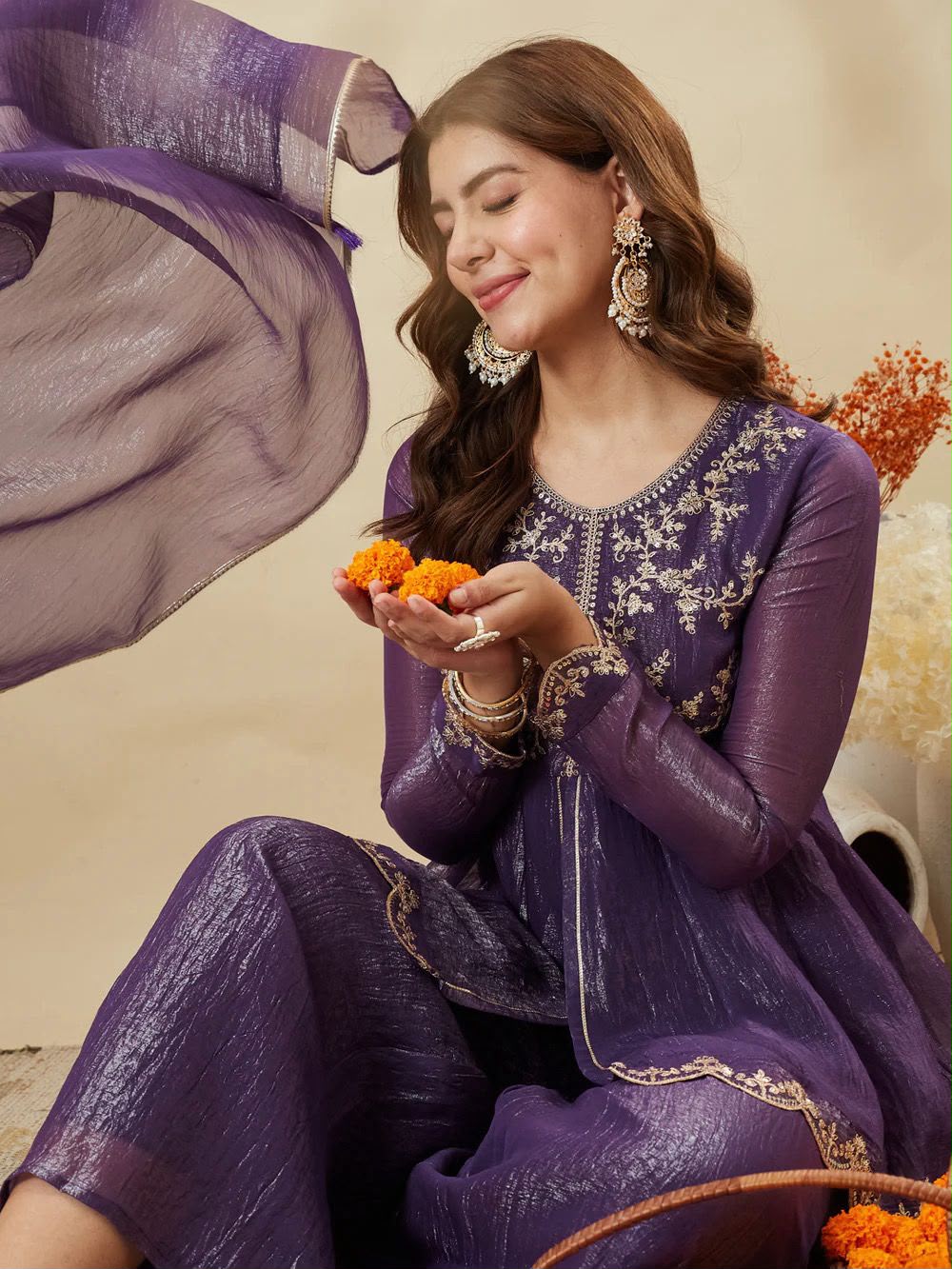 Designer Embroidered Crunchy Silk Short Kurta & Palazzo Set with Dupatta