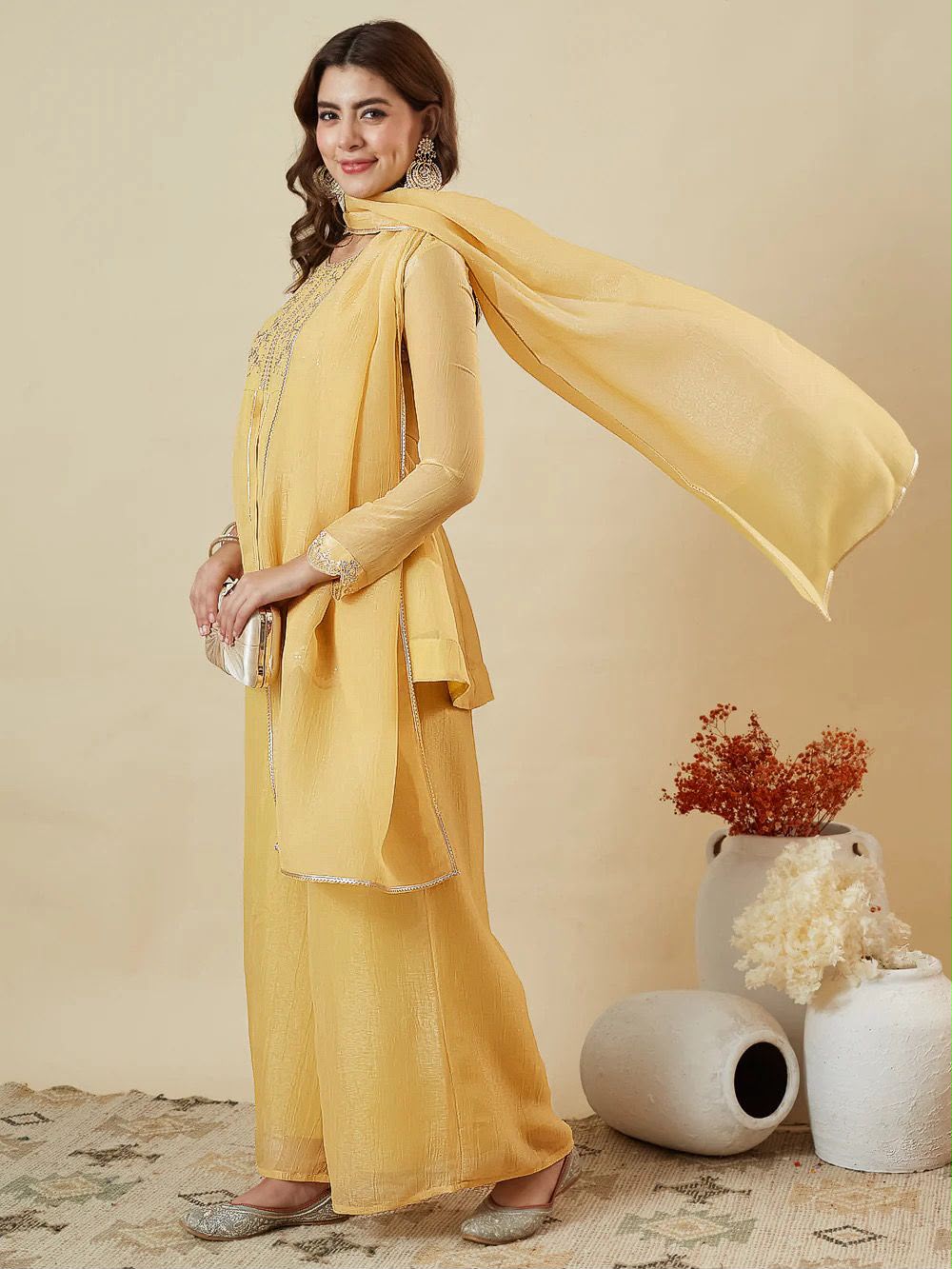 Designer Embroidered Crunchy Silk Short Kurta & Palazzo Set with Dupatta