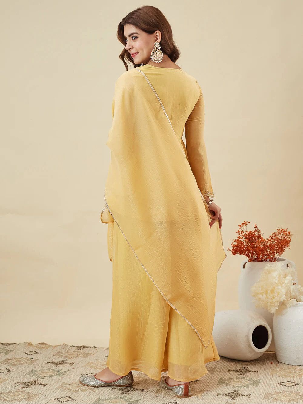 Designer Embroidered Crunchy Silk Short Kurta & Palazzo Set with Dupatta
