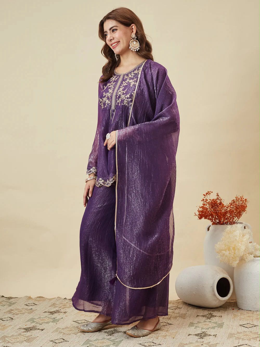 Designer Embroidered Crunchy Silk Short Kurta & Palazzo Set with Dupatta