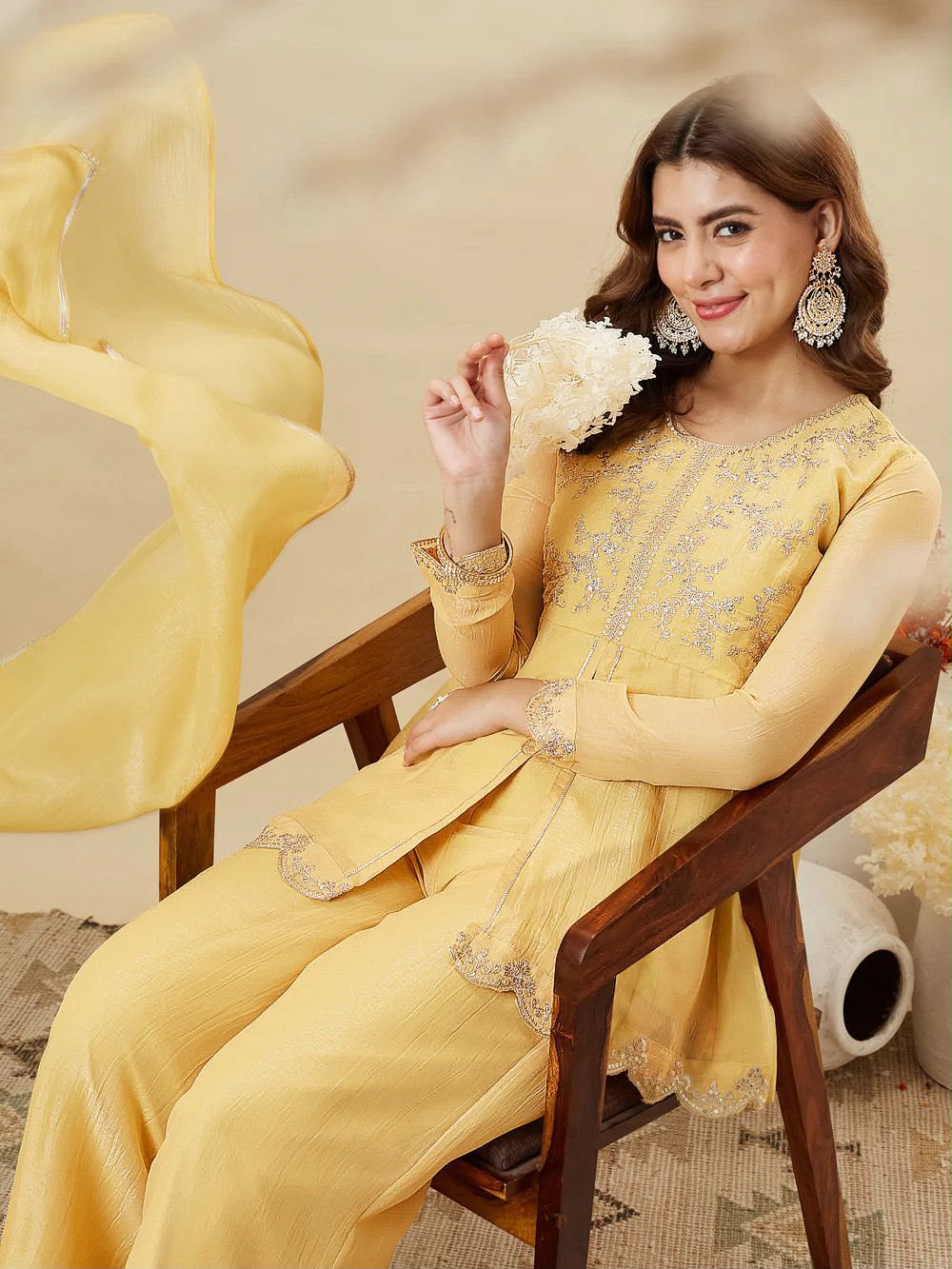 Designer Embroidered Crunchy Silk Short Kurta & Palazzo Set with Dupatta
