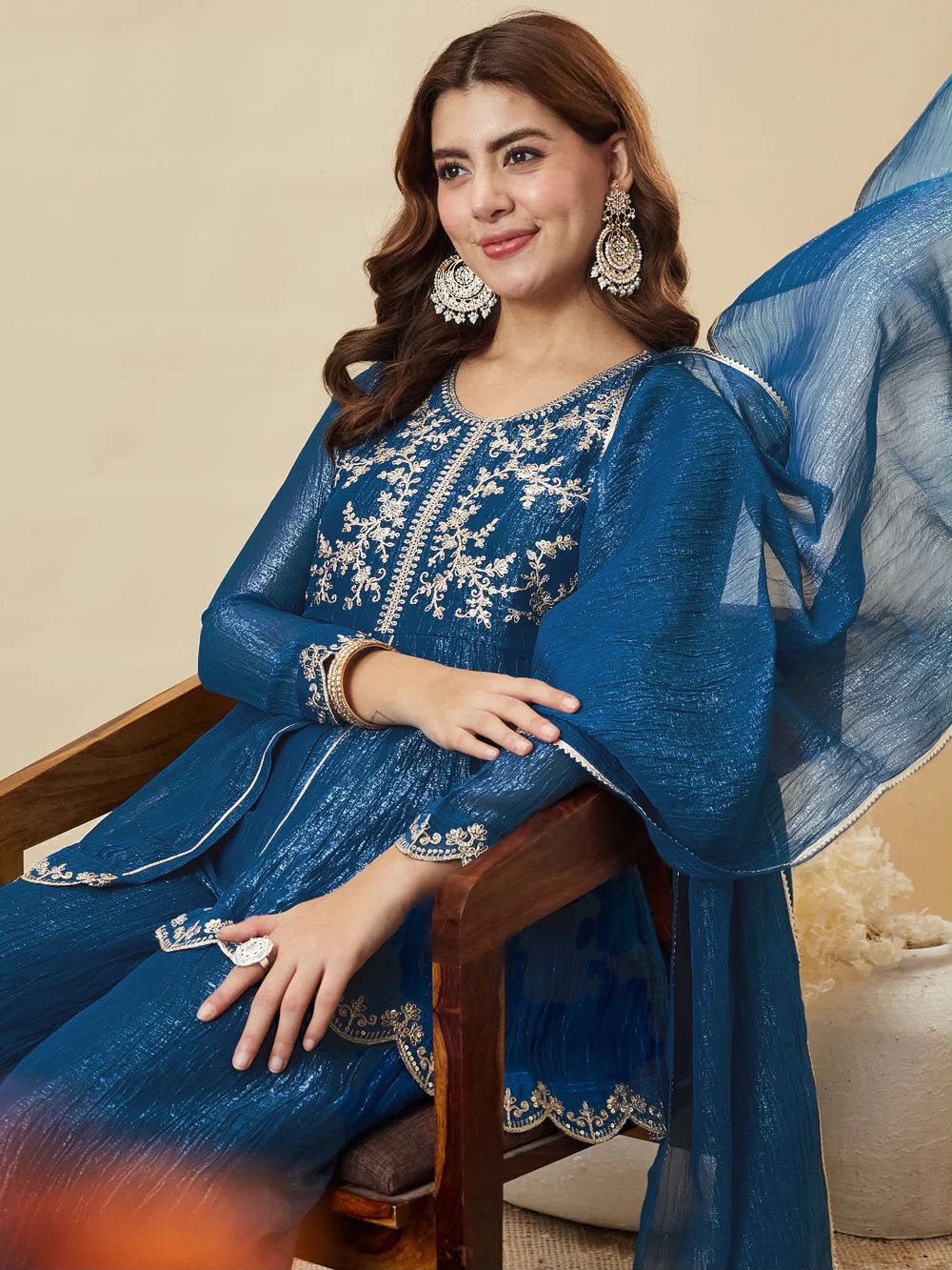 Designer Embroidered Crunchy Silk Short Kurta & Palazzo Set with Dupatta