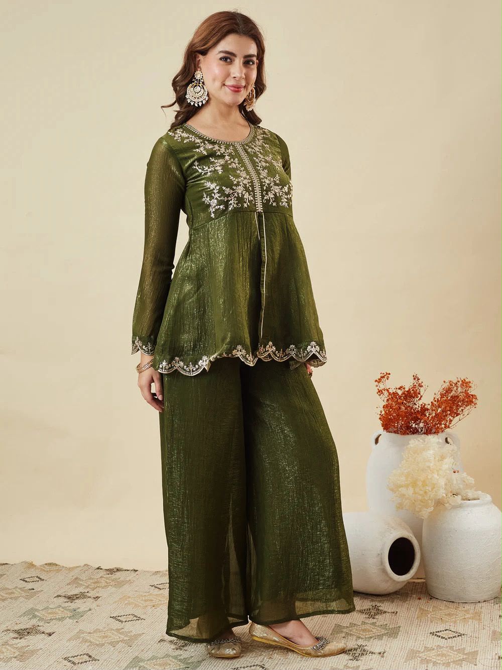Designer Embroidered Crunchy Silk Short Kurta & Palazzo Set with Dupatta
