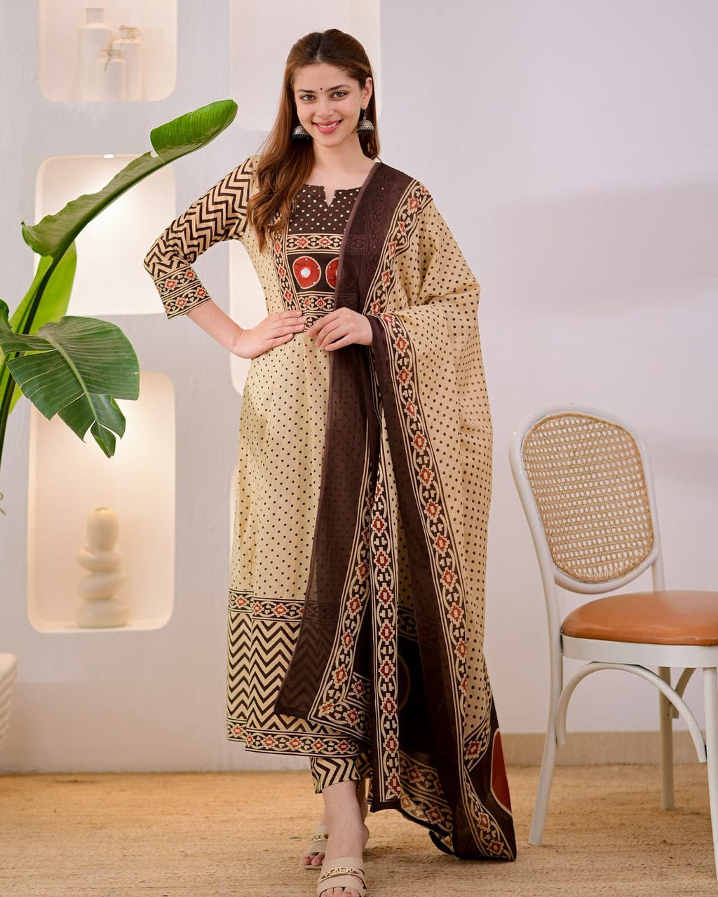 Designer Jaipuri Pure Cotton Printed Suit Set with Neck Handwork, Pant & Dupatta