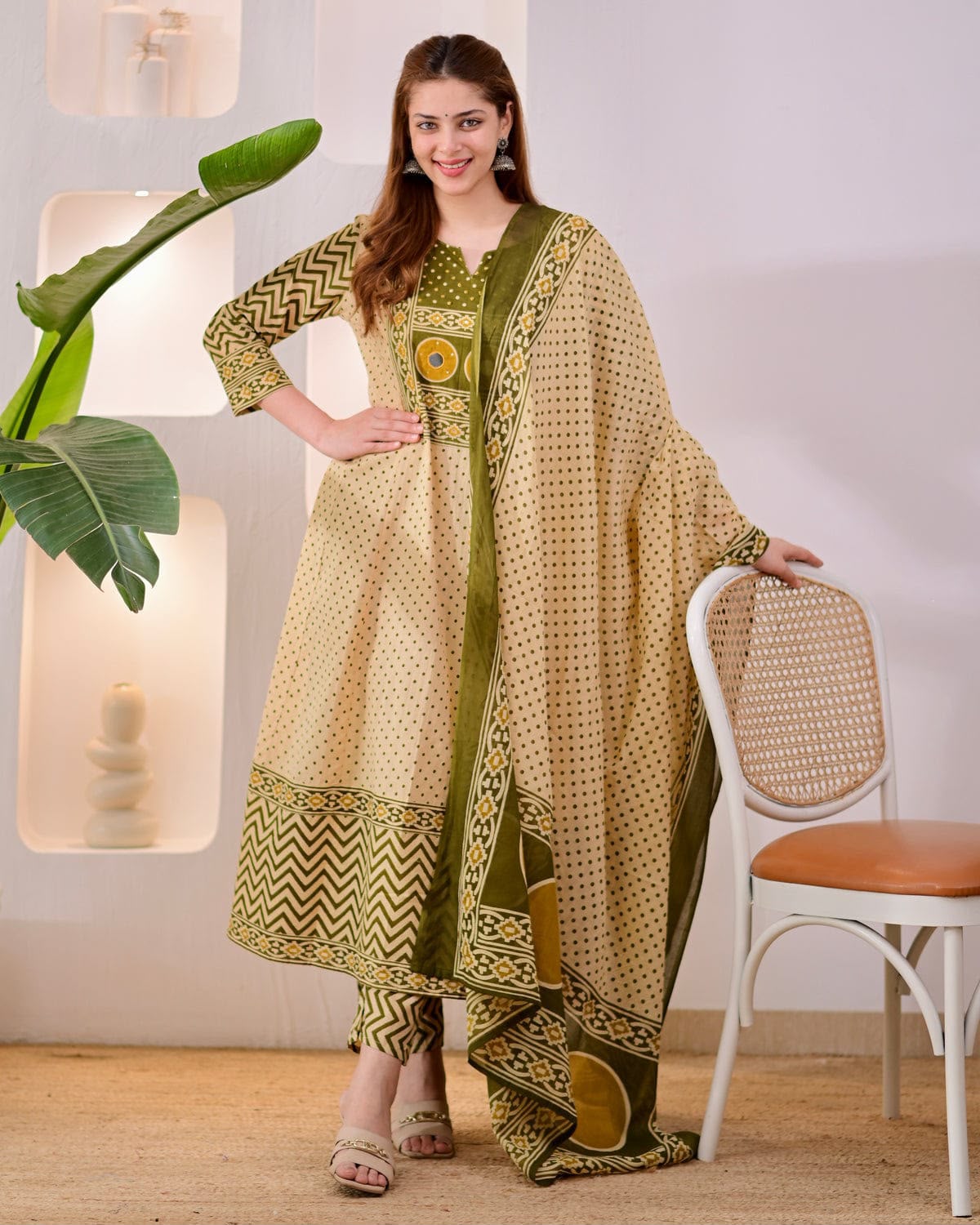 Designer Jaipuri Pure Cotton Printed Suit Set with Neck Handwork, Pant & Dupatta