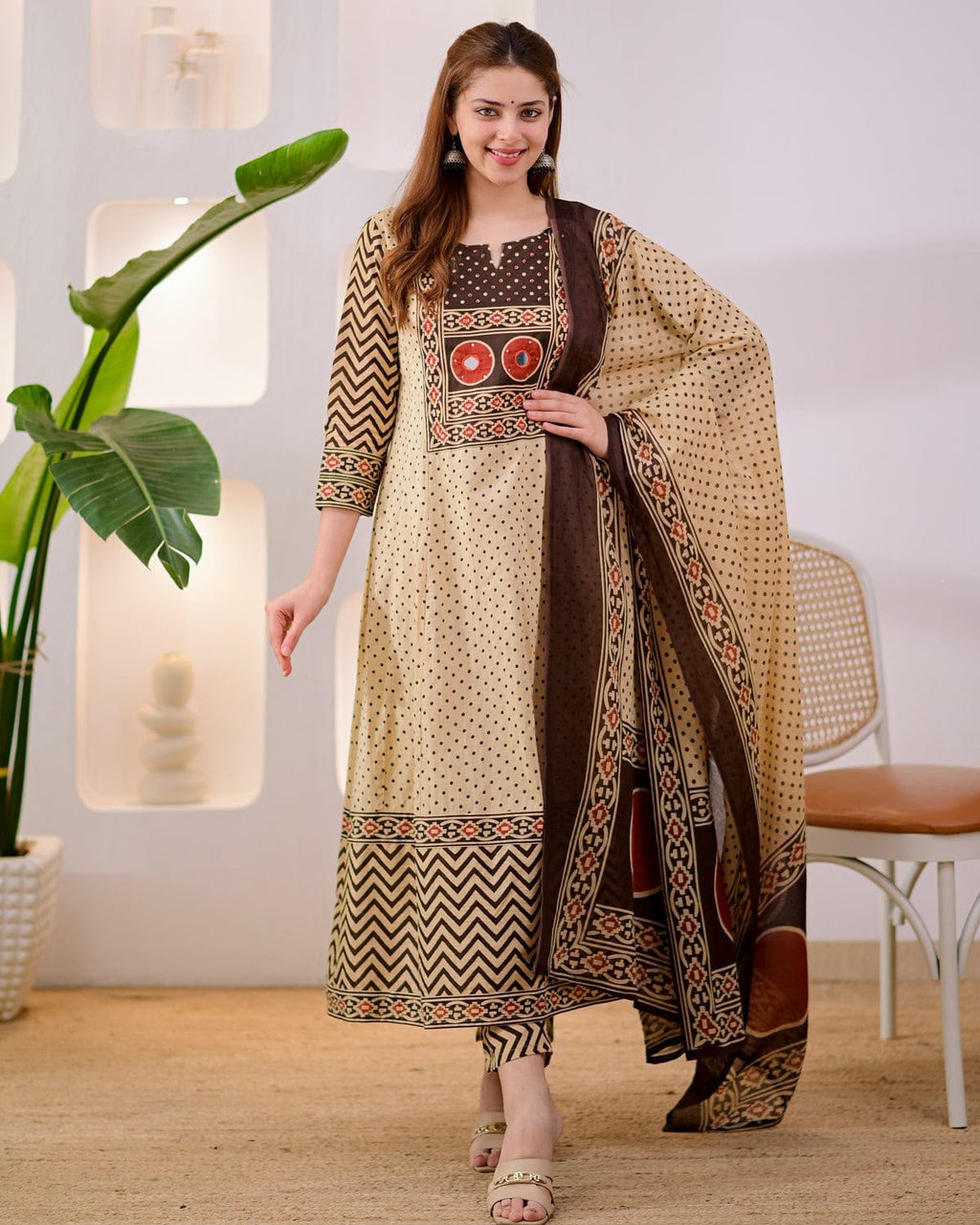 Designer Jaipuri Pure Cotton Printed Suit Set with Neck Handwork, Pant & Dupatta
