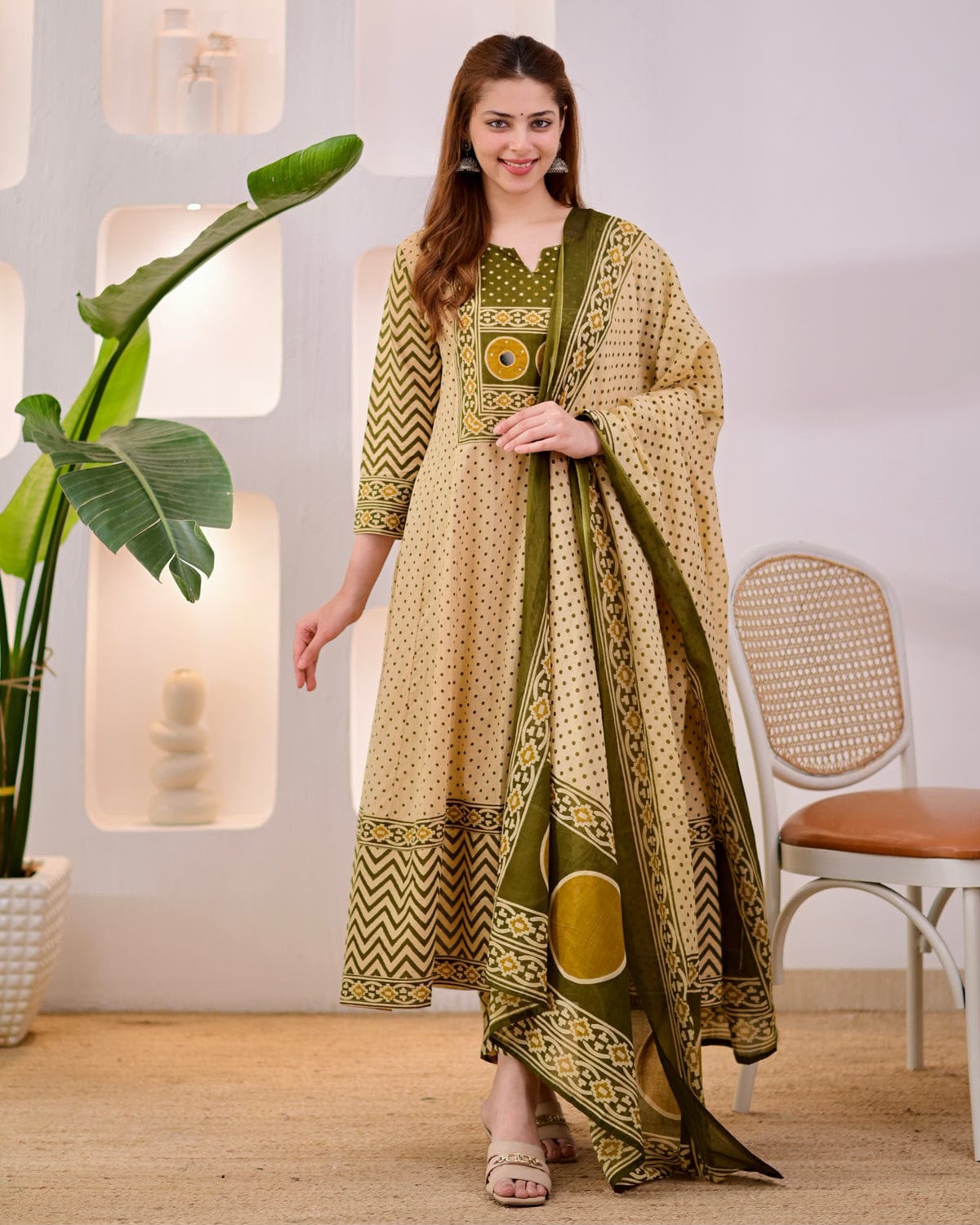 Designer Jaipuri Pure Cotton Printed Suit Set with Neck Handwork, Pant & Dupatta