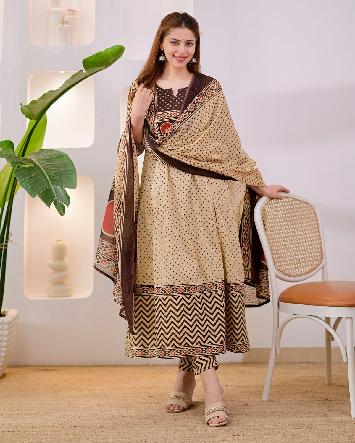 Designer Jaipuri Pure Cotton Printed Suit Set with Neck Handwork, Pant & Dupatta