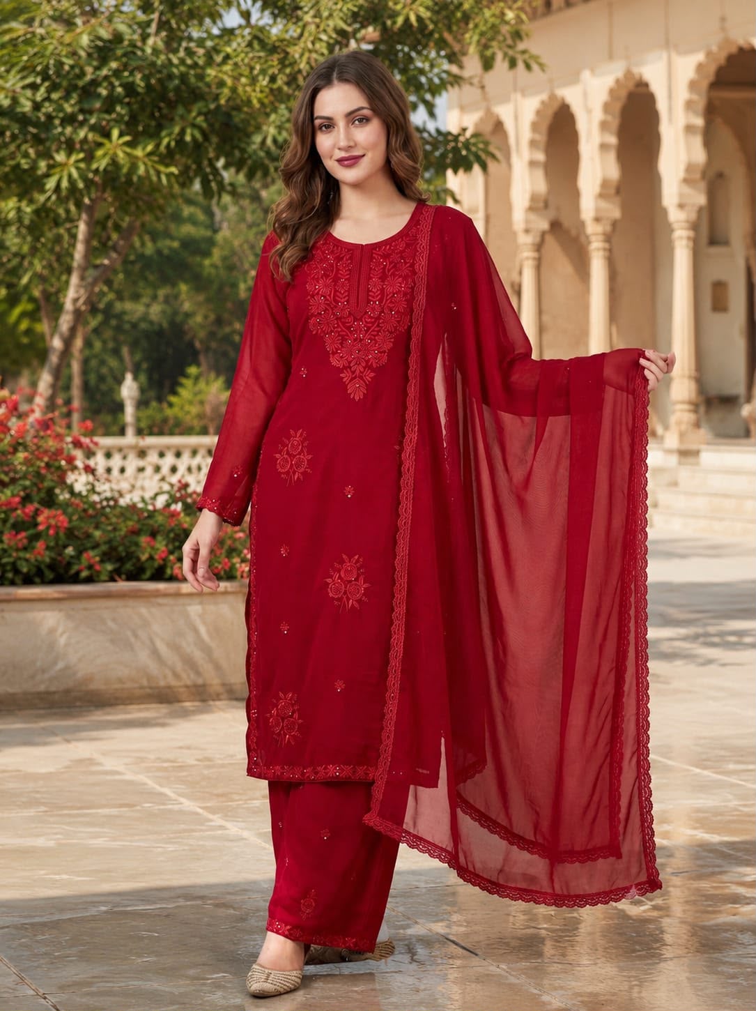 Designer Fox Blooming Georgette Embroidered Top & Palazzo Set with Dupatta