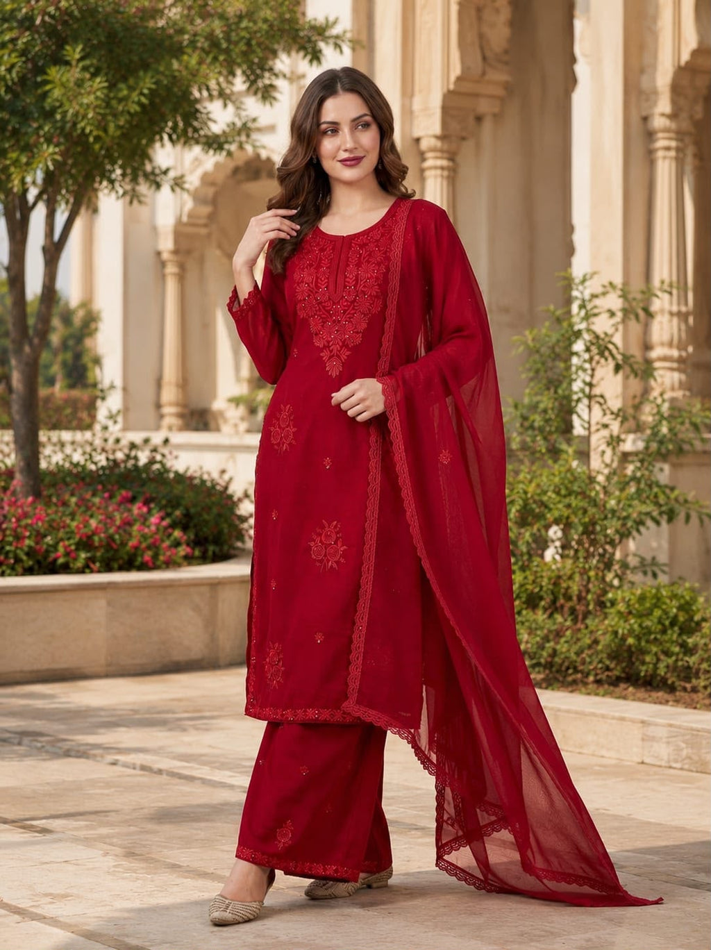 Designer Fox Blooming Georgette Embroidered Top & Palazzo Set with Dupatta