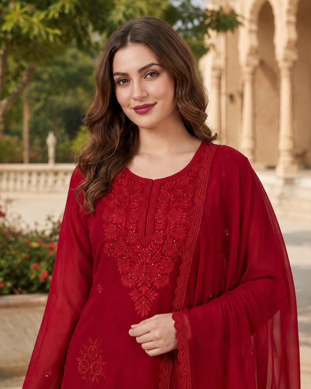 Designer Fox Blooming Georgette Embroidered Top & Palazzo Set with Dupatta