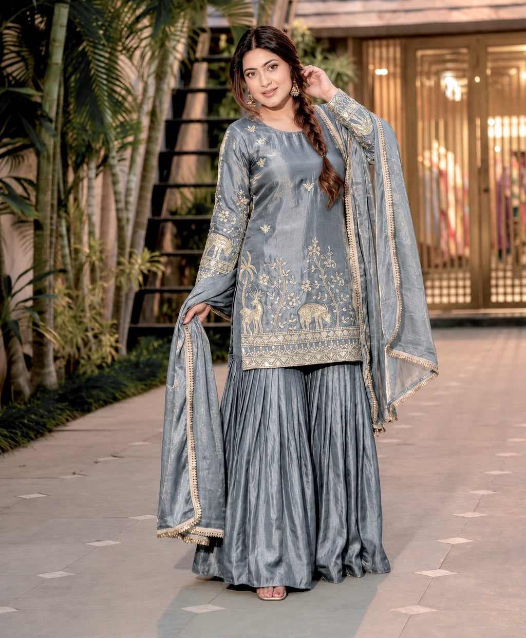 Heavy Sequence Embroidered Pure Frendy Silk Top & Sharara Set with Dupatta