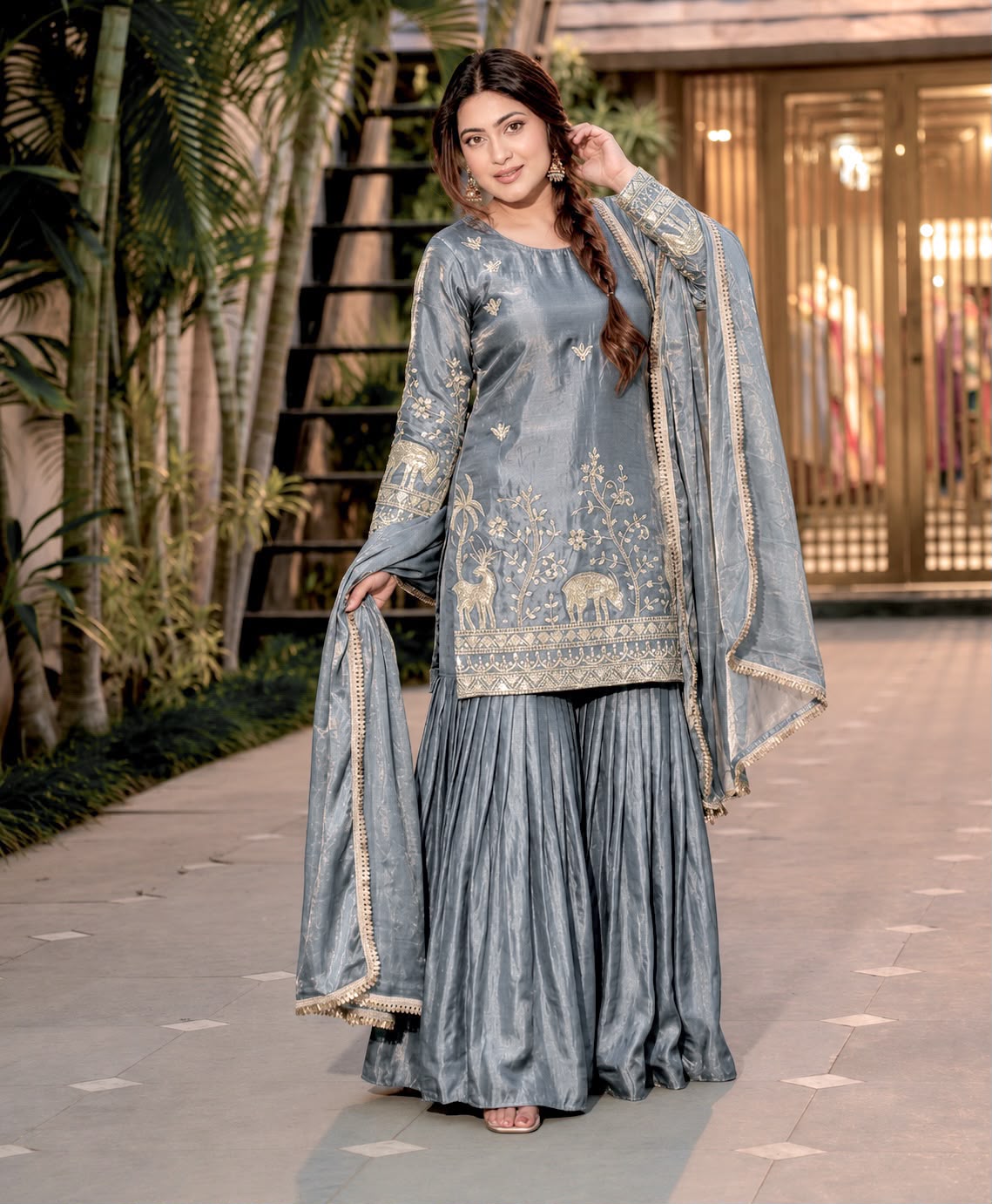 Heavy Sequence Embroidered Pure Frendy Silk Top & Sharara Set with Dupatta