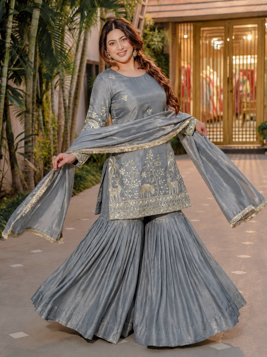 Heavy Sequence Embroidered Pure Frendy Silk Top & Sharara Set with Dupatta
