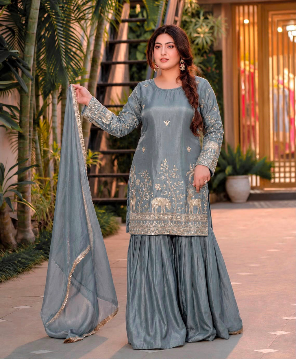 Heavy Sequence Embroidered Pure Frendy Silk Top & Sharara Set with Dupatta