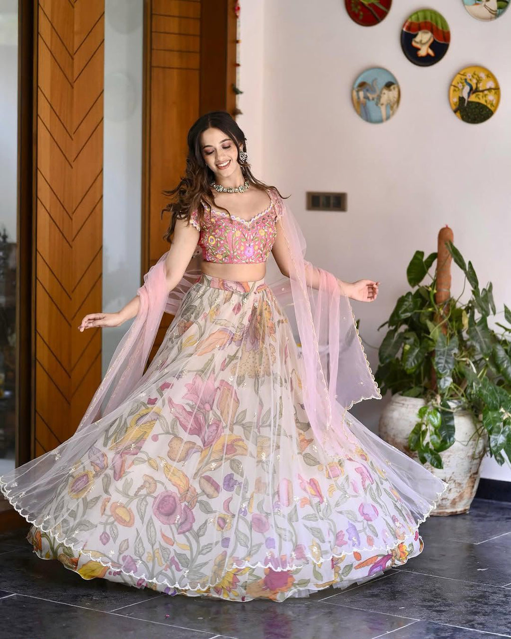 Printed Chinon Silk Flared Lehenga Choli Set with Sequins Embroidery & Net Dupatta