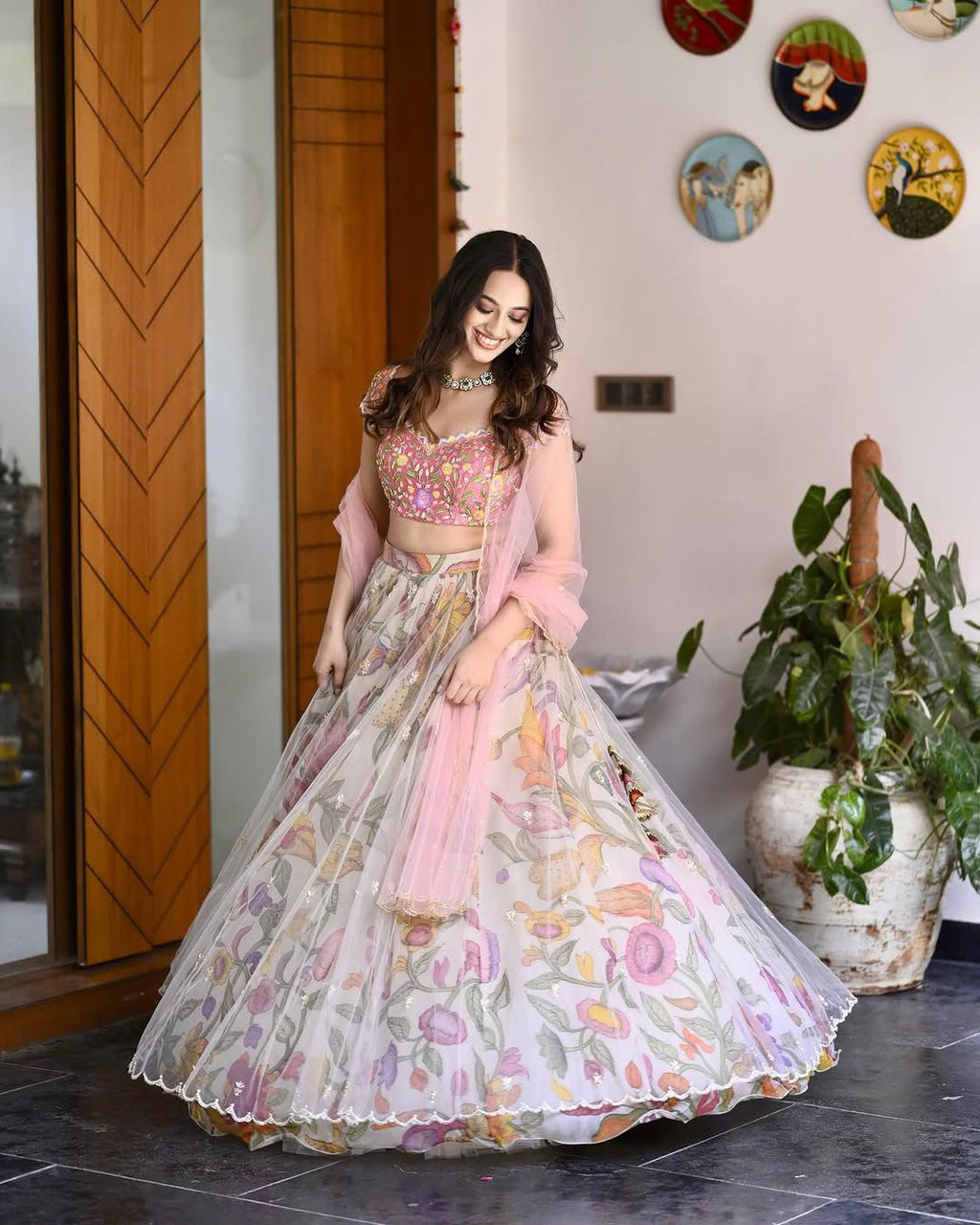 Printed Chinon Silk Flared Lehenga Choli Set with Sequins Embroidery & Net Dupatta