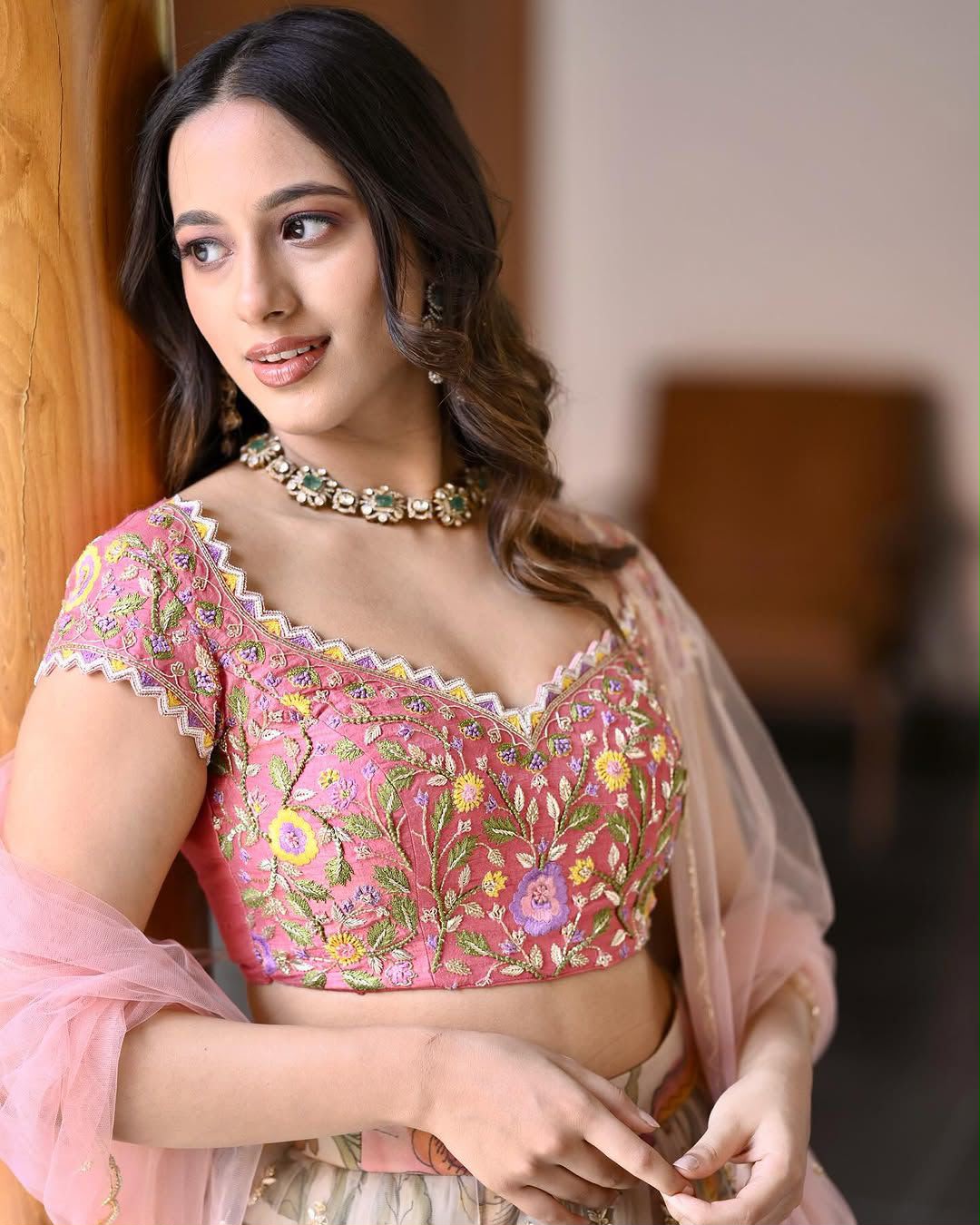 Printed Chinon Silk Flared Lehenga Choli Set with Sequins Embroidery & Net Dupatta