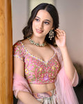 Printed Chinon Silk Flared Lehenga Choli Set with Sequins Embroidery & Net Dupatta
